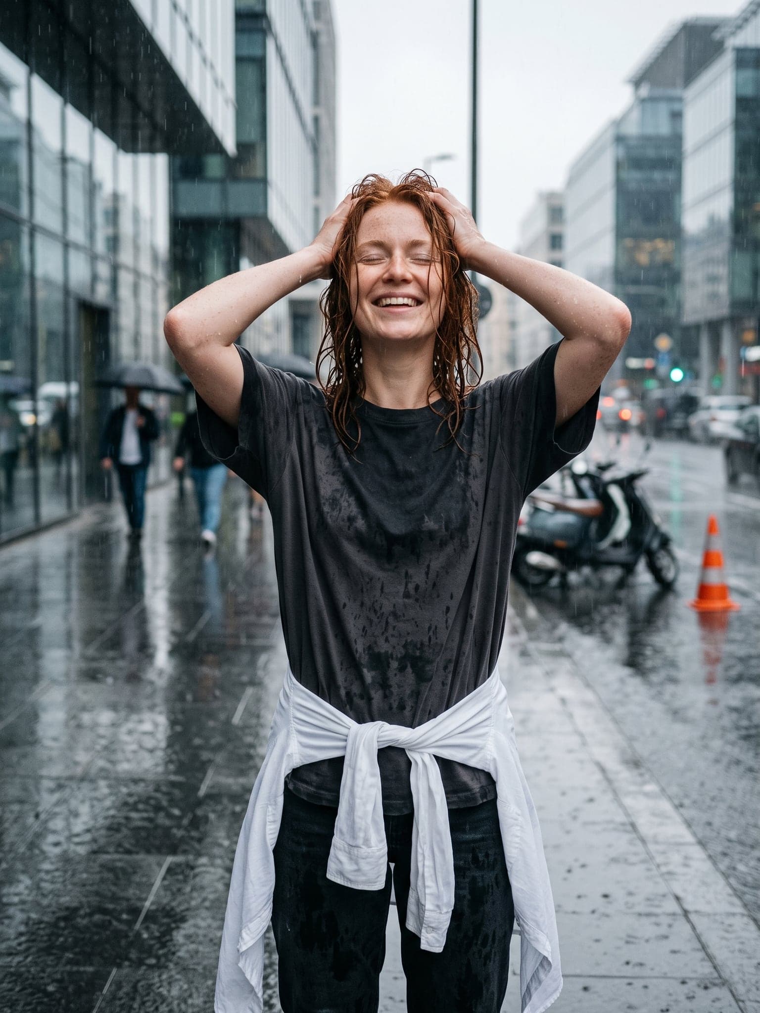 Woman with wet copper hair laughing in heavy rain on a city street, eyes closed