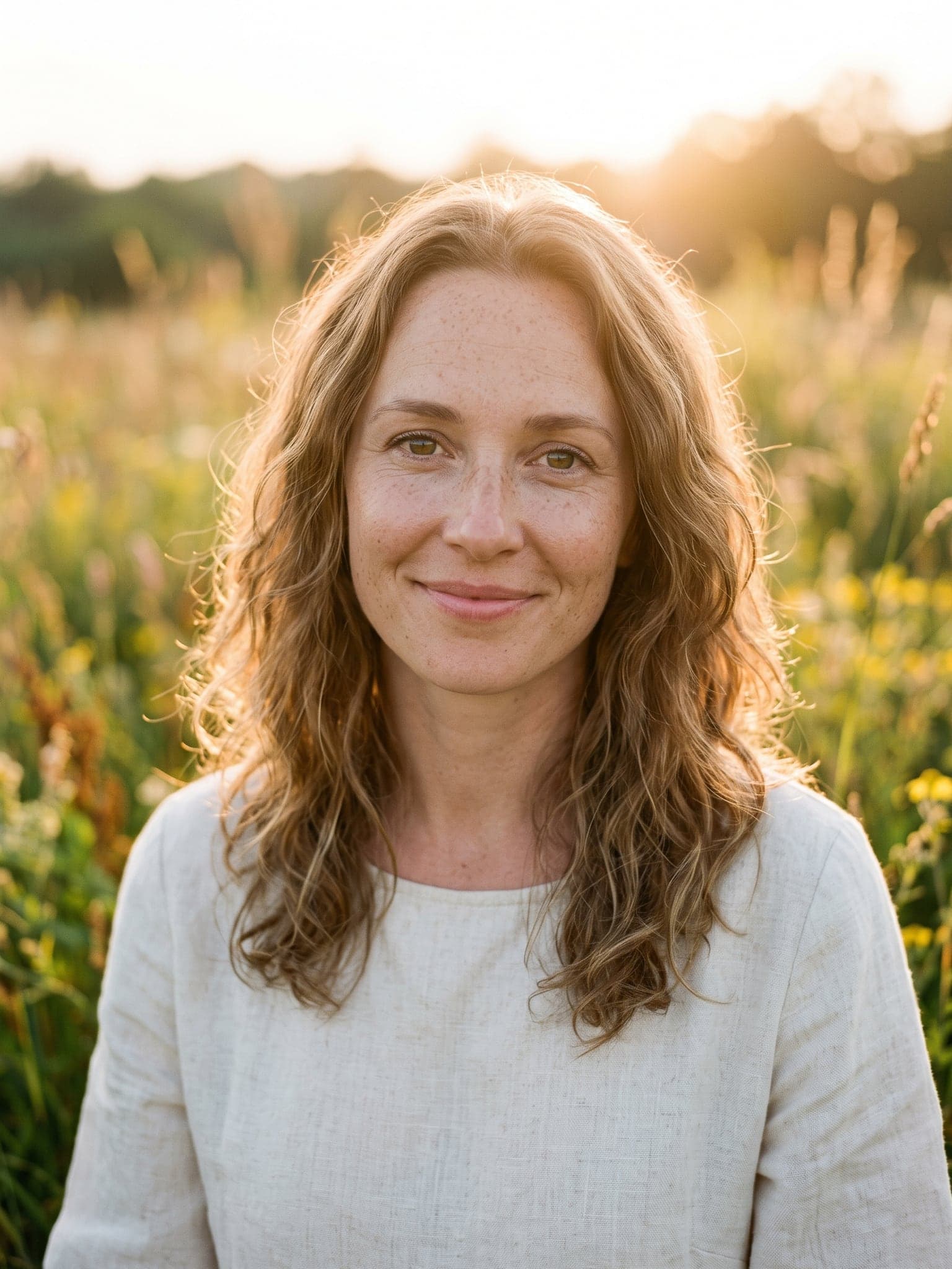 Woman with loose light-brown waves smiling in a summer field, the low sun behind her