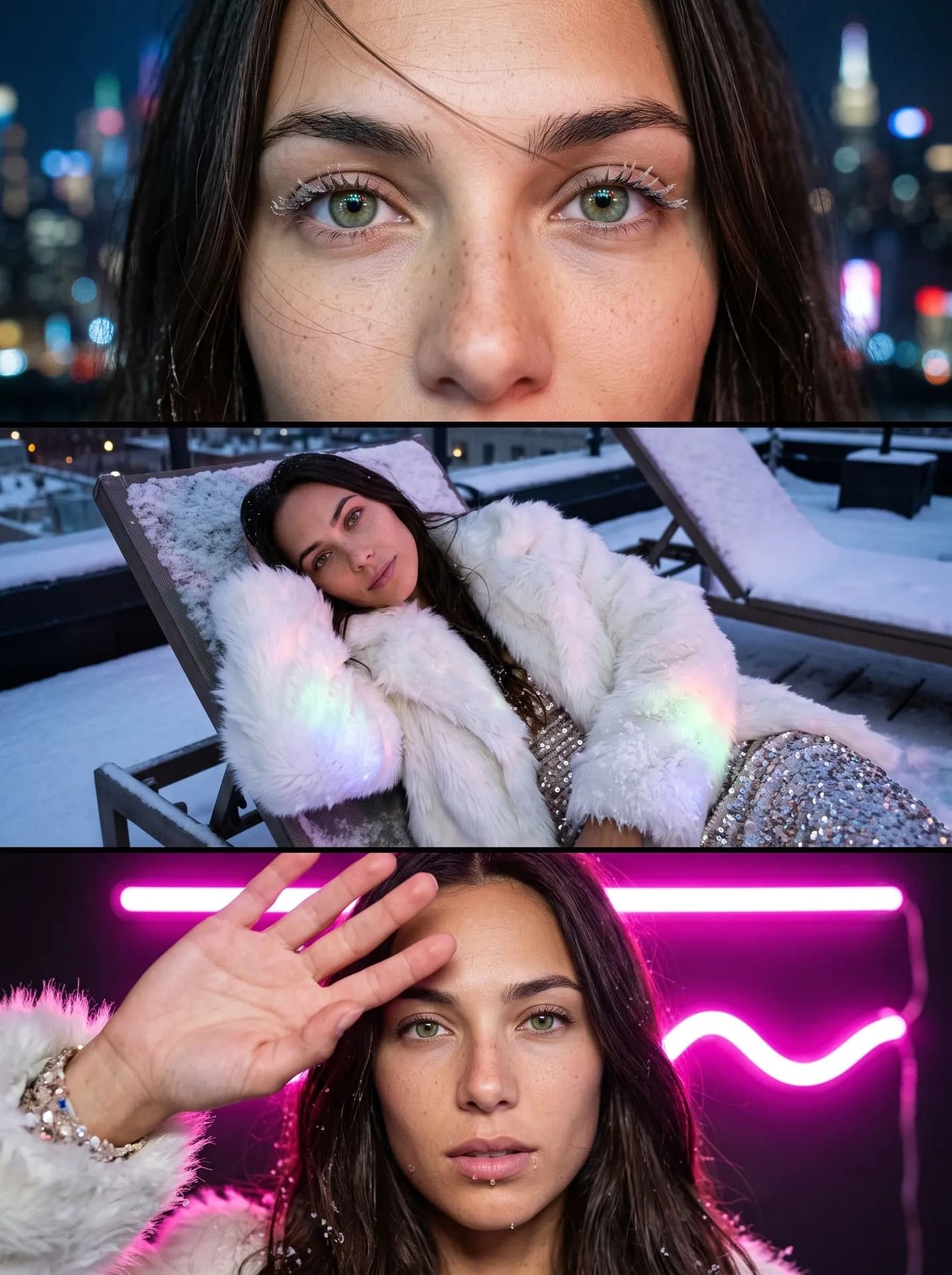 Three stacked frames of a woman: frosted lashes, a snowy rooftop lounge chair in faux fur, a hand against pink neon