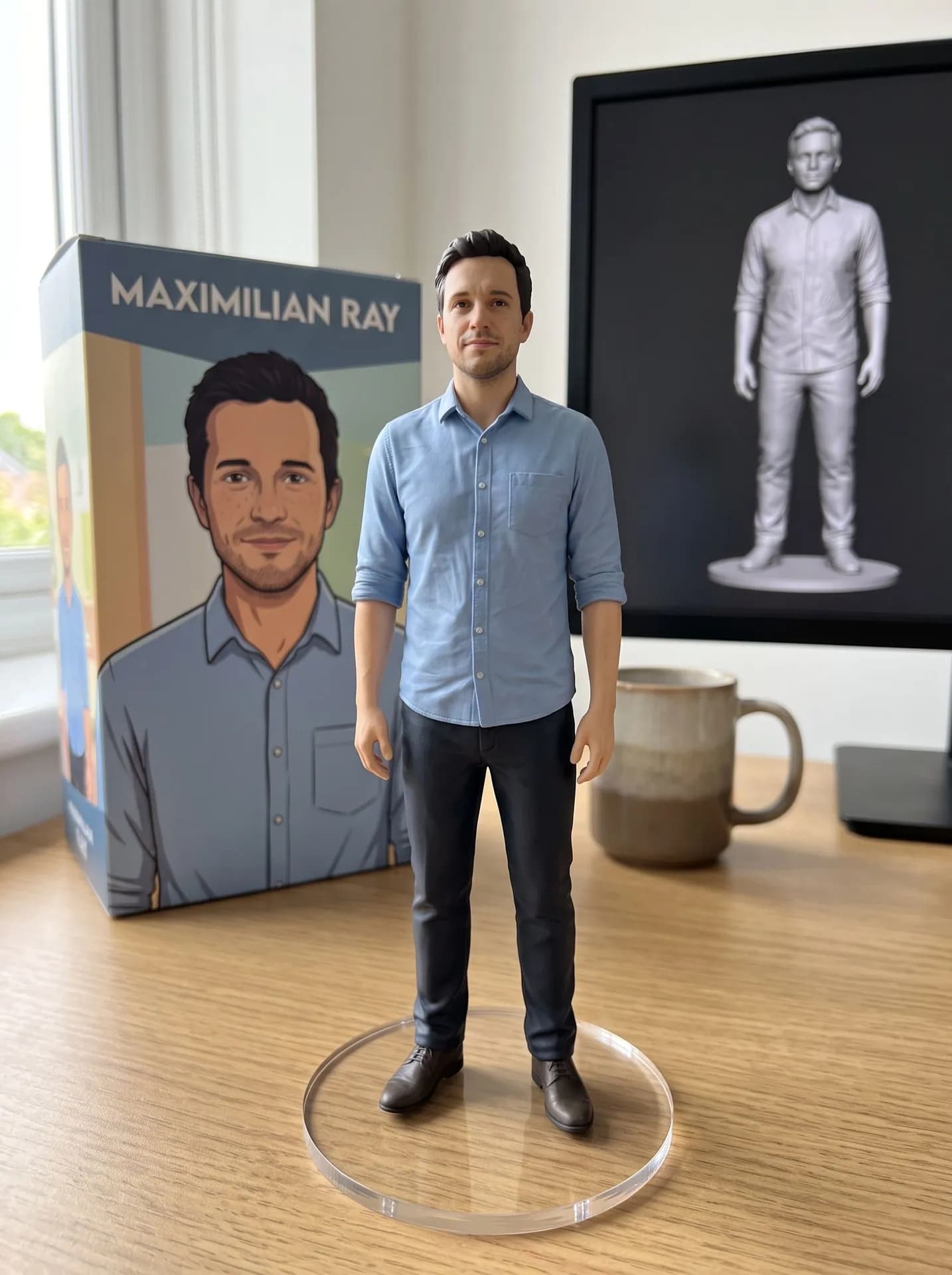 Painted figurine of a man in a light blue shirt on a clear acrylic disc, a box reading MAXIMILIAN RAY behind it