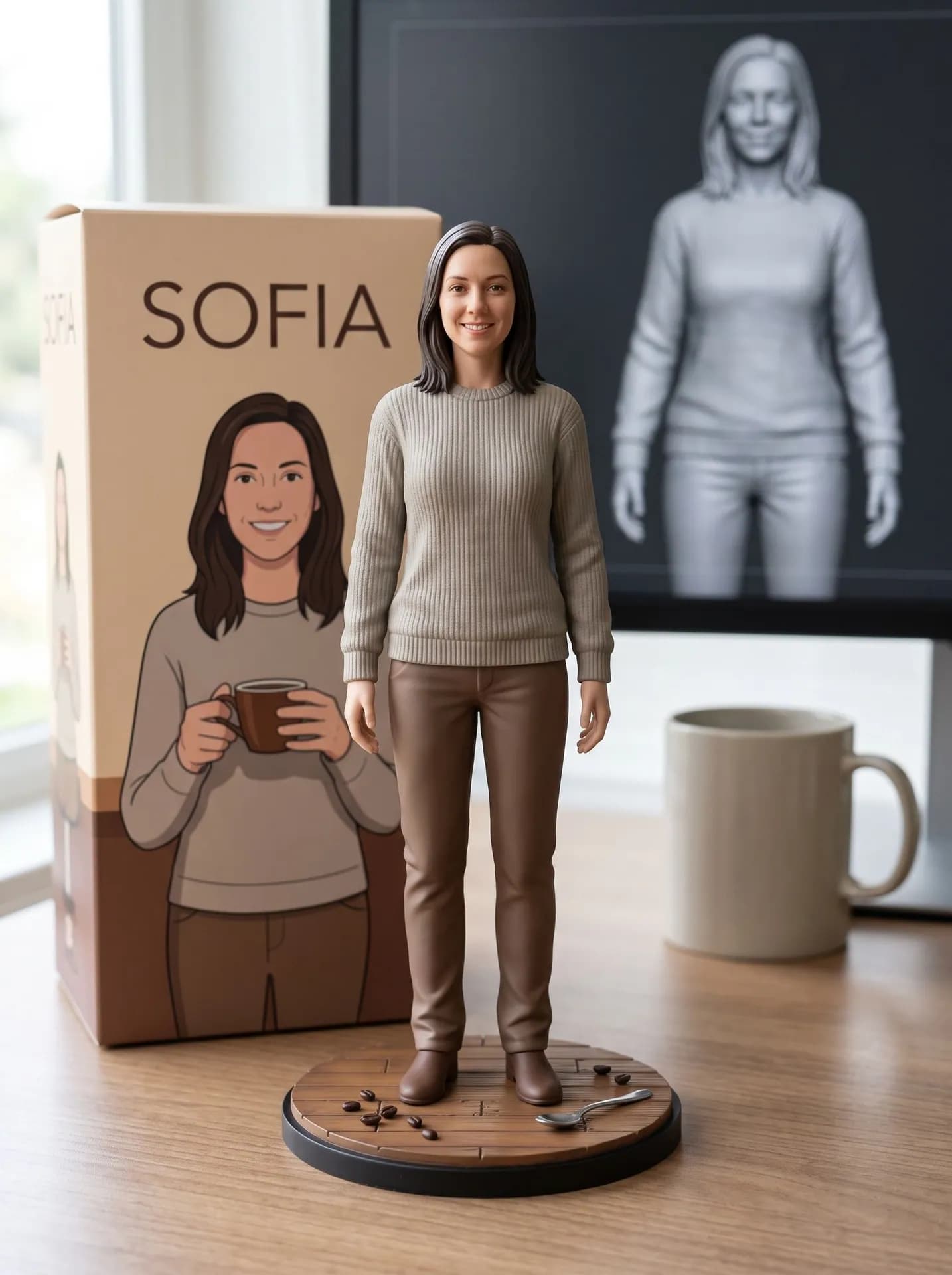Painted figurine of a woman in a knit sweater on a wooden-floor diorama with coffee beans, a box reading SOFIA behind her