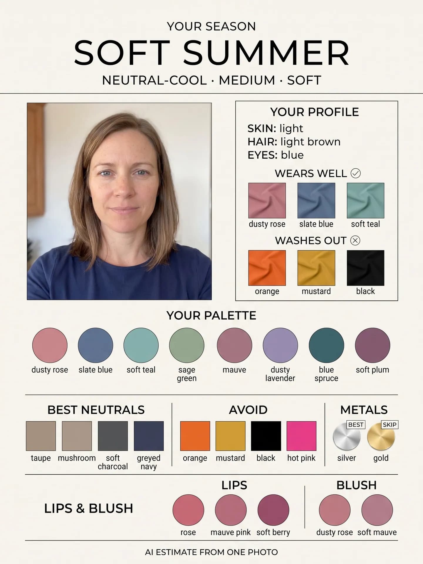 Soft Summer color analysis poster: dusty rose, slate blue and soft teal to wear; orange, mustard and black to skip