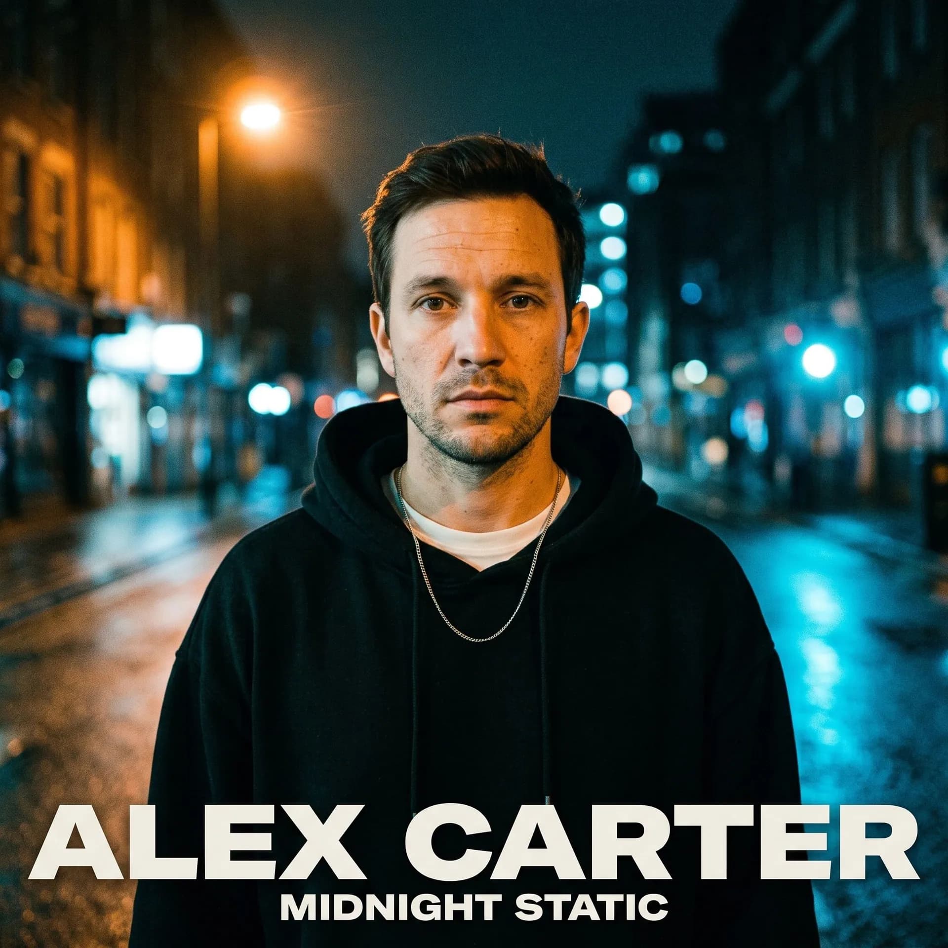 Square rap album cover: a man with stubble in a black hoodie on a wet night street, ALEX CARTER in white capitals