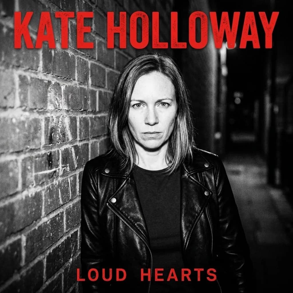 Black-and-white rock album cover: a woman in a leather jacket by a brick wall, KATE HOLLOWAY in red capitals above