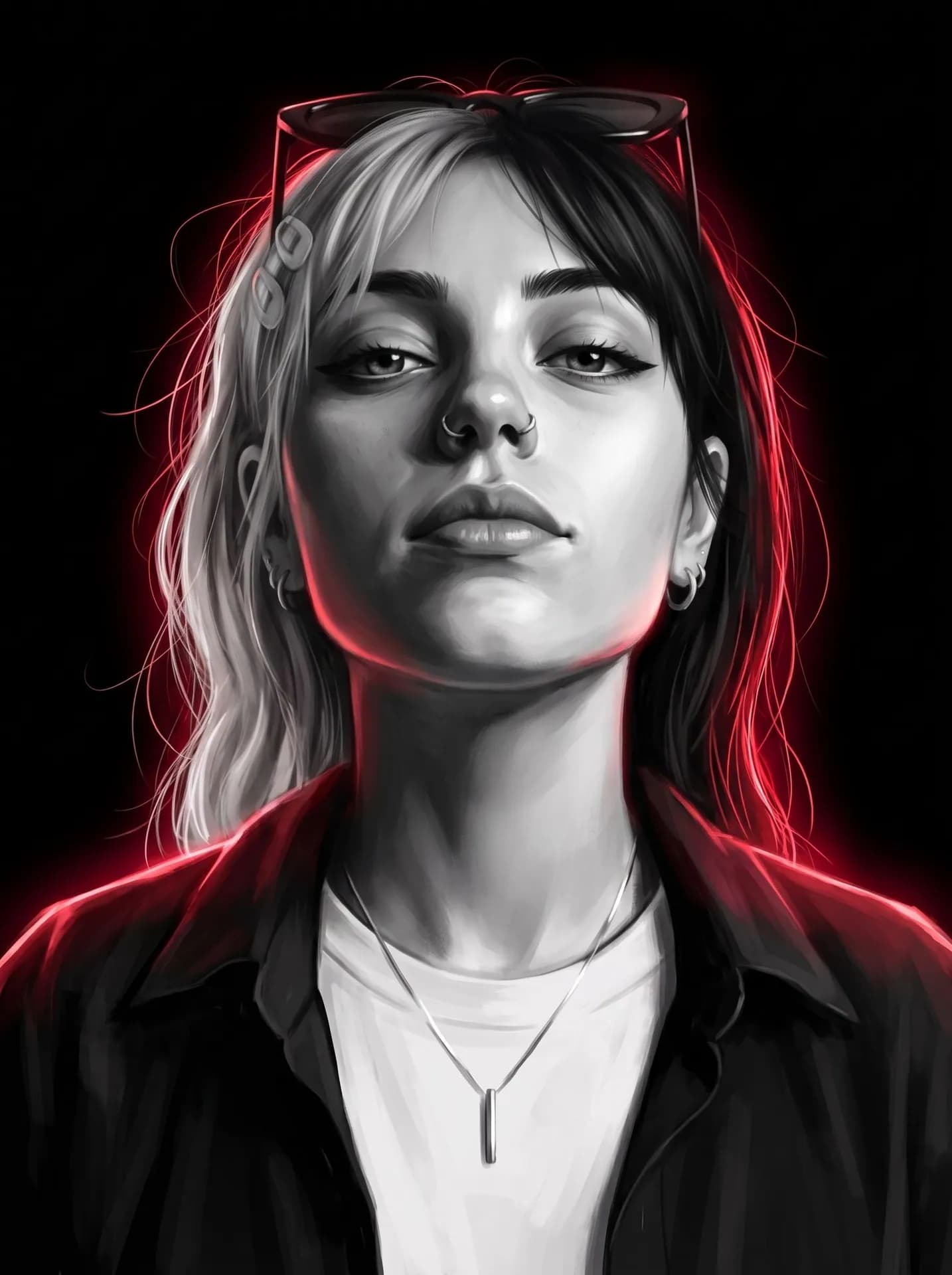 Painted black-and-white portrait of a woman with split light and dark hair, seen from below, lit red from behind