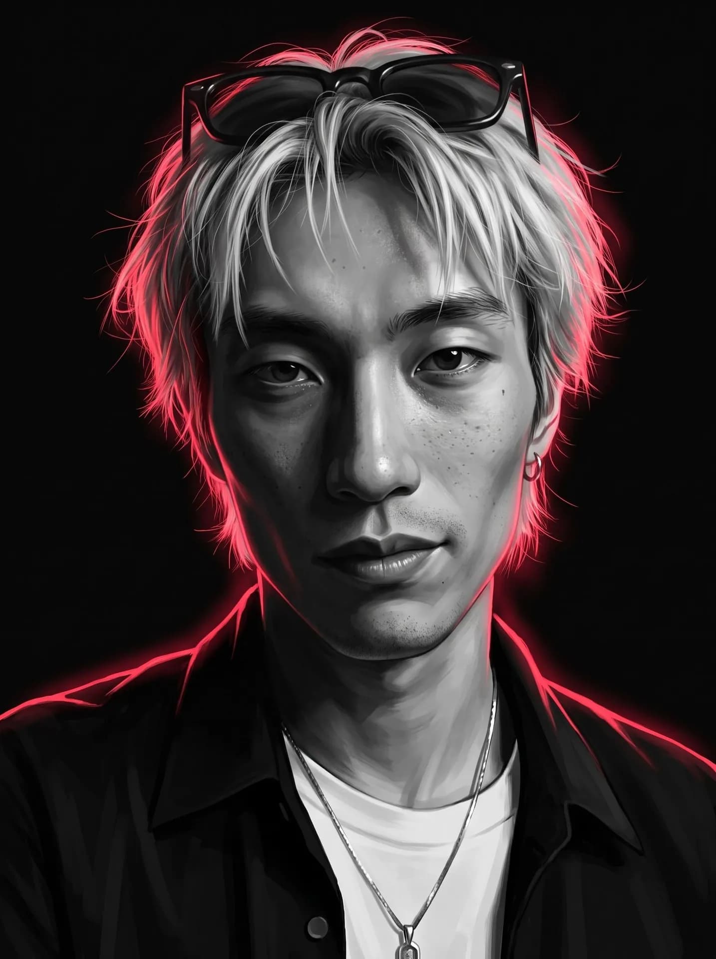 Painted black-and-white portrait of a man with light shaggy hair, sunglasses on his head, lit red from behind