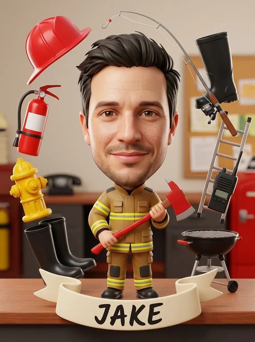 Glossy 3D caricature of a man in firefighter gear holding an axe among a helmet, hydrant, grill and fishing rod