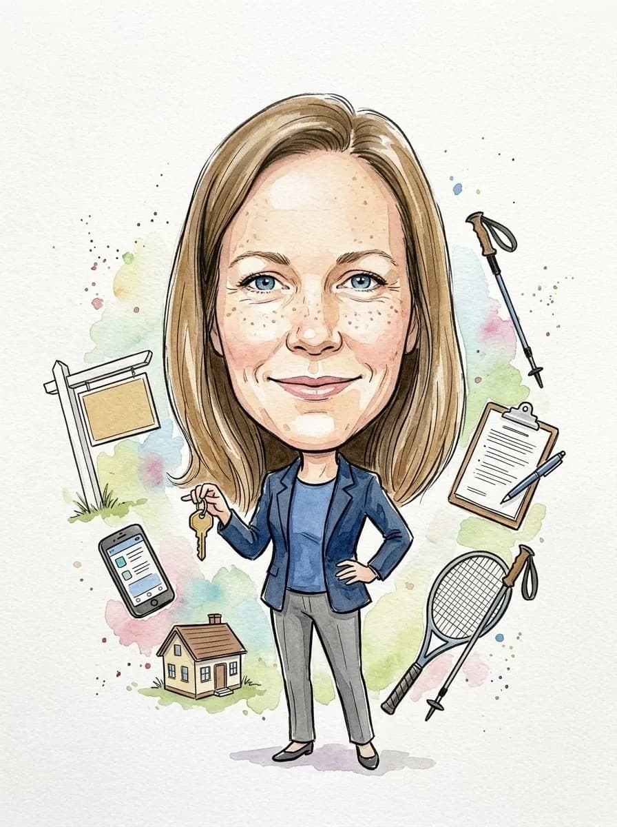 Watercolor caricature of a freckled woman in a blue blazer holding keys by a blank for-sale sign and a tennis racket