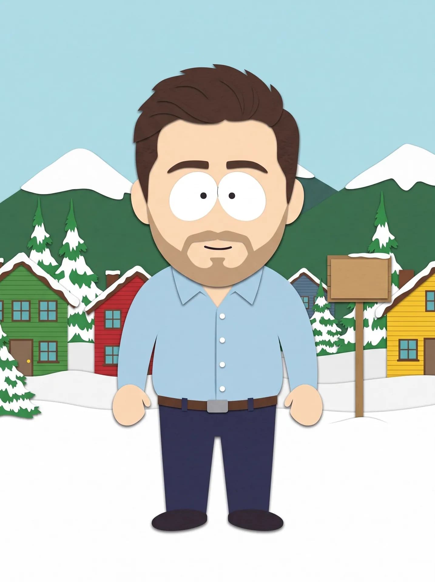 Paper cut-out cartoon of a man with swept dark hair and a stubble beard in a light blue shirt, in a snowy mountain town