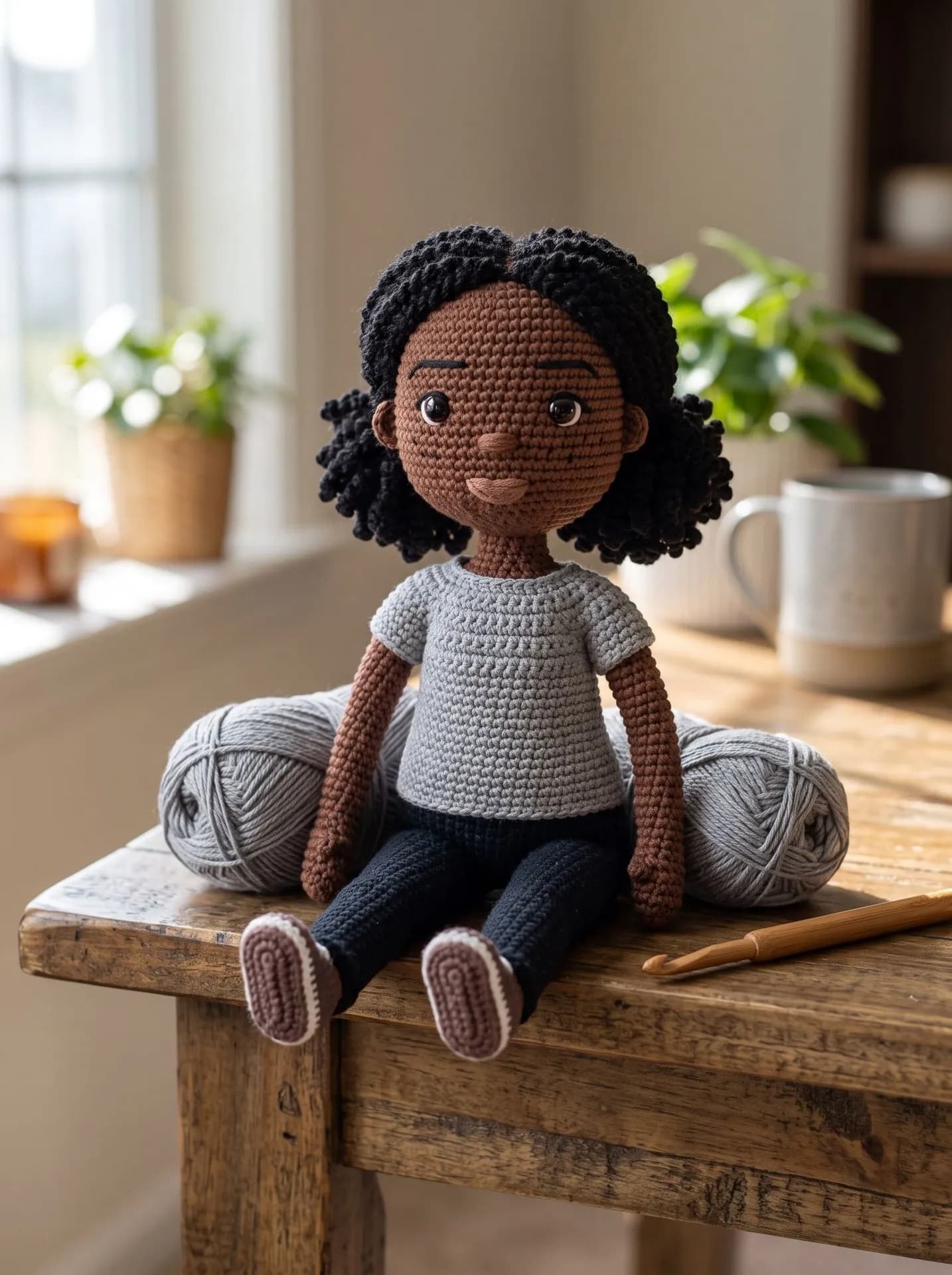Crochet doll with deep brown yarn skin, curly black yarn hair and a gray crocheted tee, sitting on a table by yarn balls