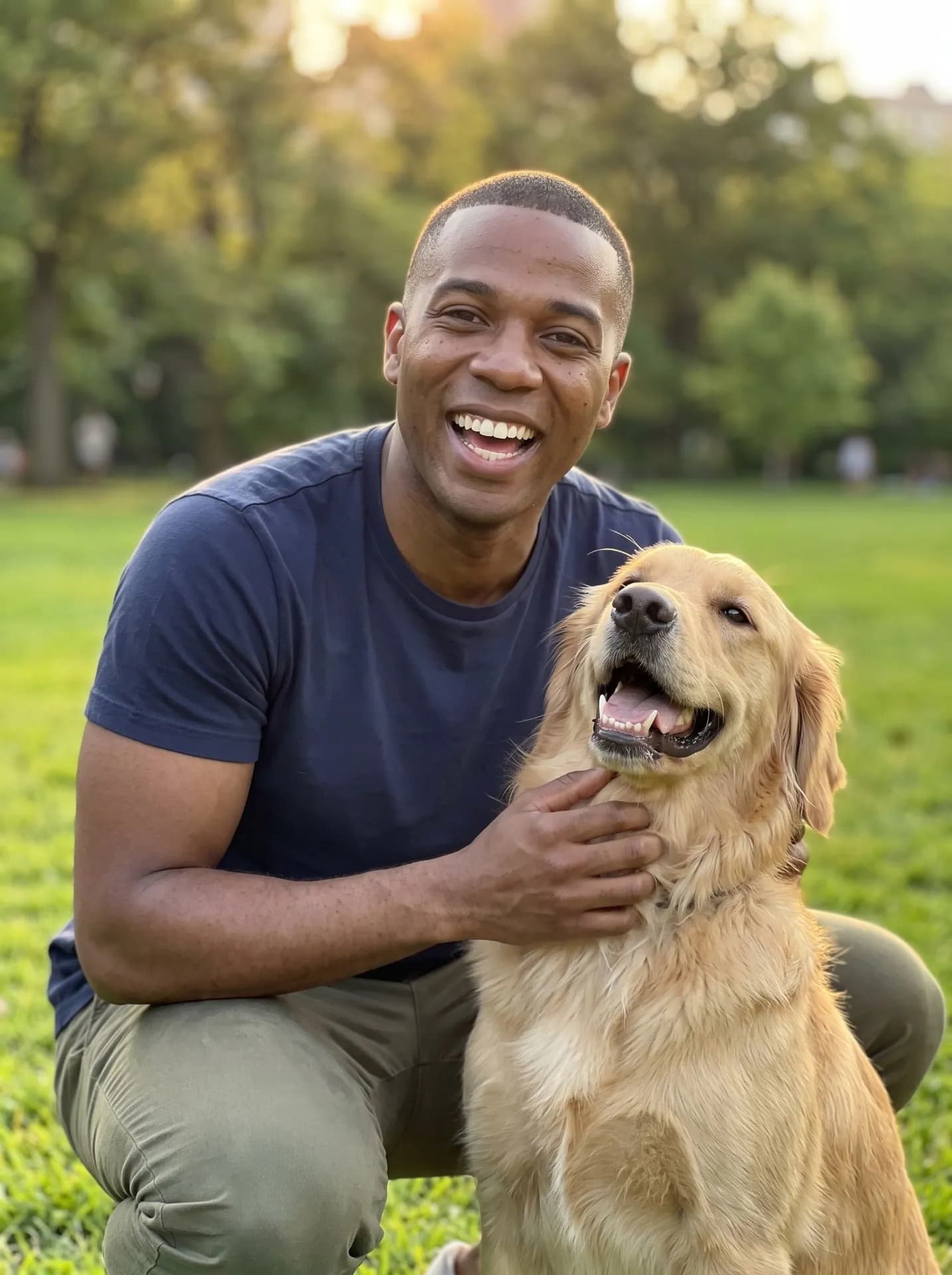 Laughing man in a navy T-shirt crouching on park grass at golden hour, one hand on a golden retriever's chest