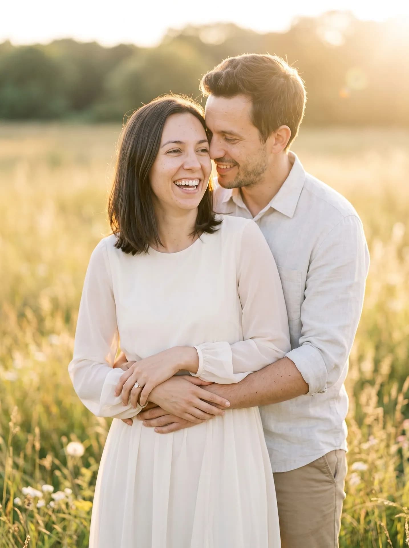 Laughing couple in a golden-hour meadow, he hugs her from behind, an oval ring on her left hand resting on his arm