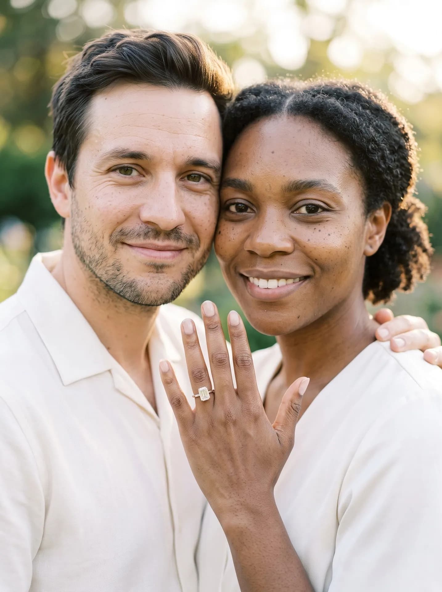 Couple cheek to cheek, her left hand raised under her chin with an emerald-cut ring in the middle of the frame