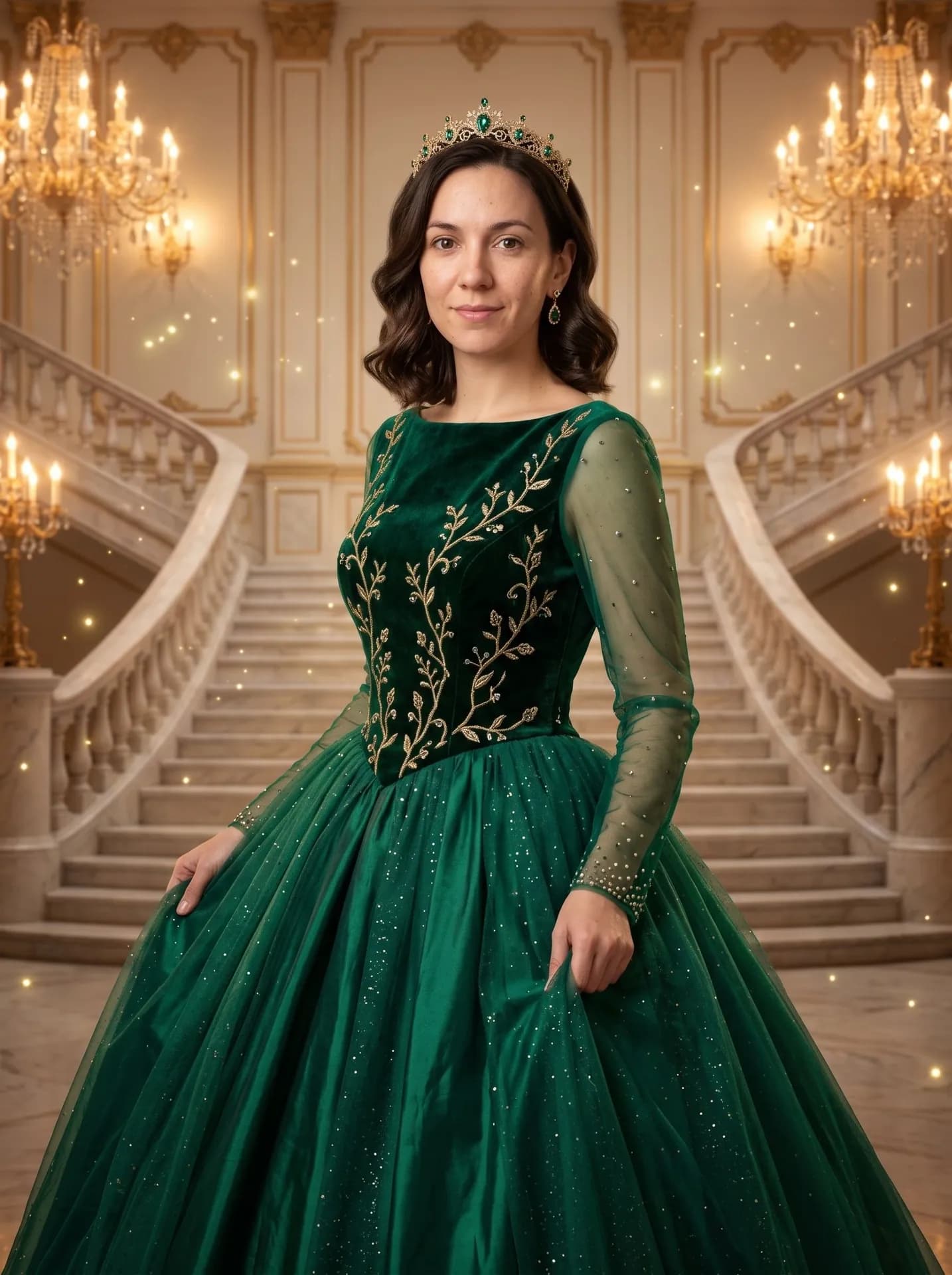 Woman with wavy dark hair in an emerald velvet ballgown with gold vine embroidery and a gold tiara in a palace hall