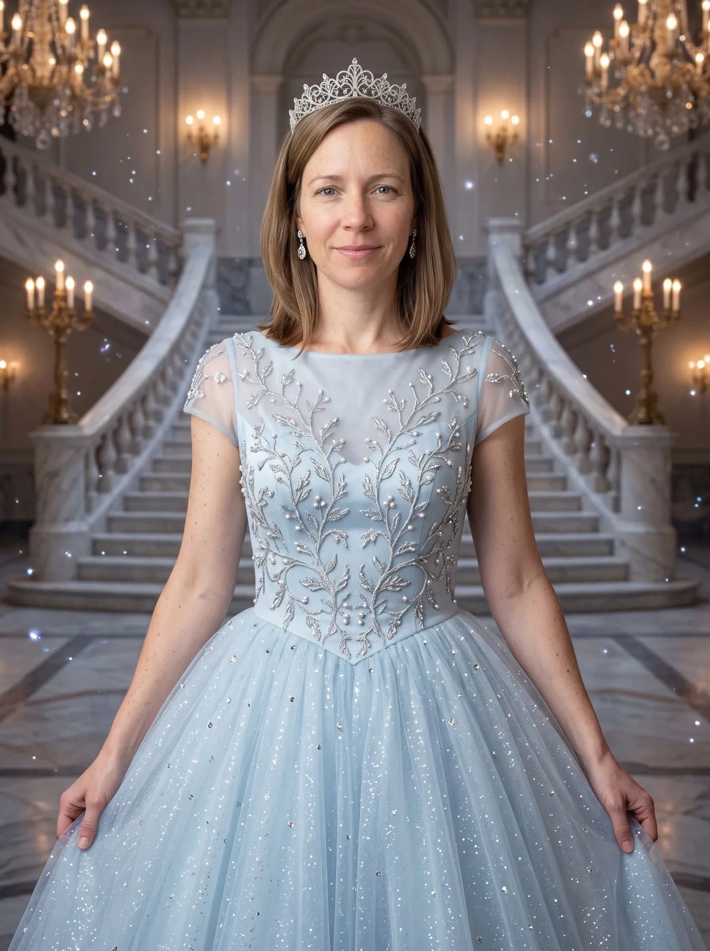 Woman with straight shoulder-length hair in an ice-blue tulle ballgown and silver tiara before a marble staircase