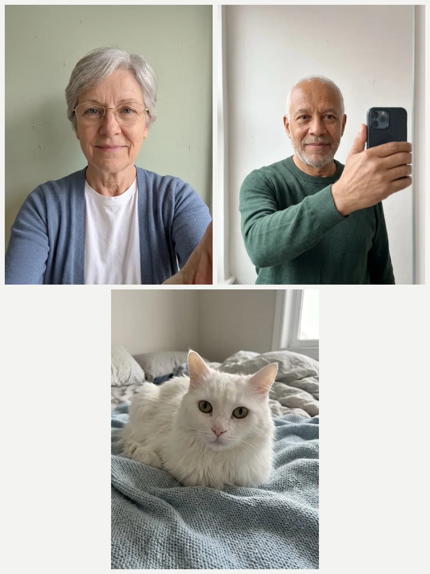 AI-generated sample input: three separate photos: an older woman with glasses, an older man with a grey beard and a white long-haired cat
