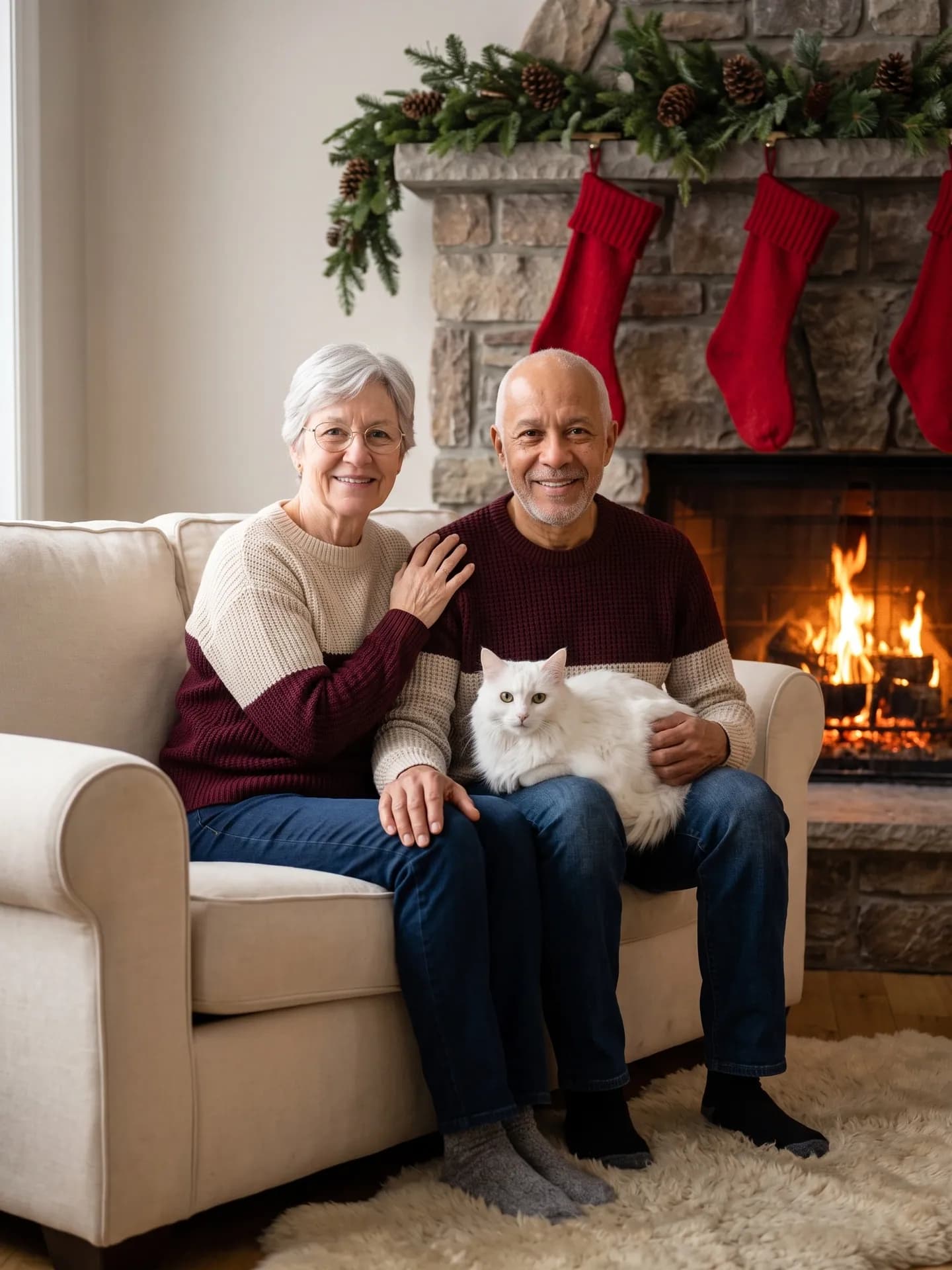 Older couple in cream and burgundy sweaters on a sofa by a stone fireplace, a white long-haired cat on the man's lap