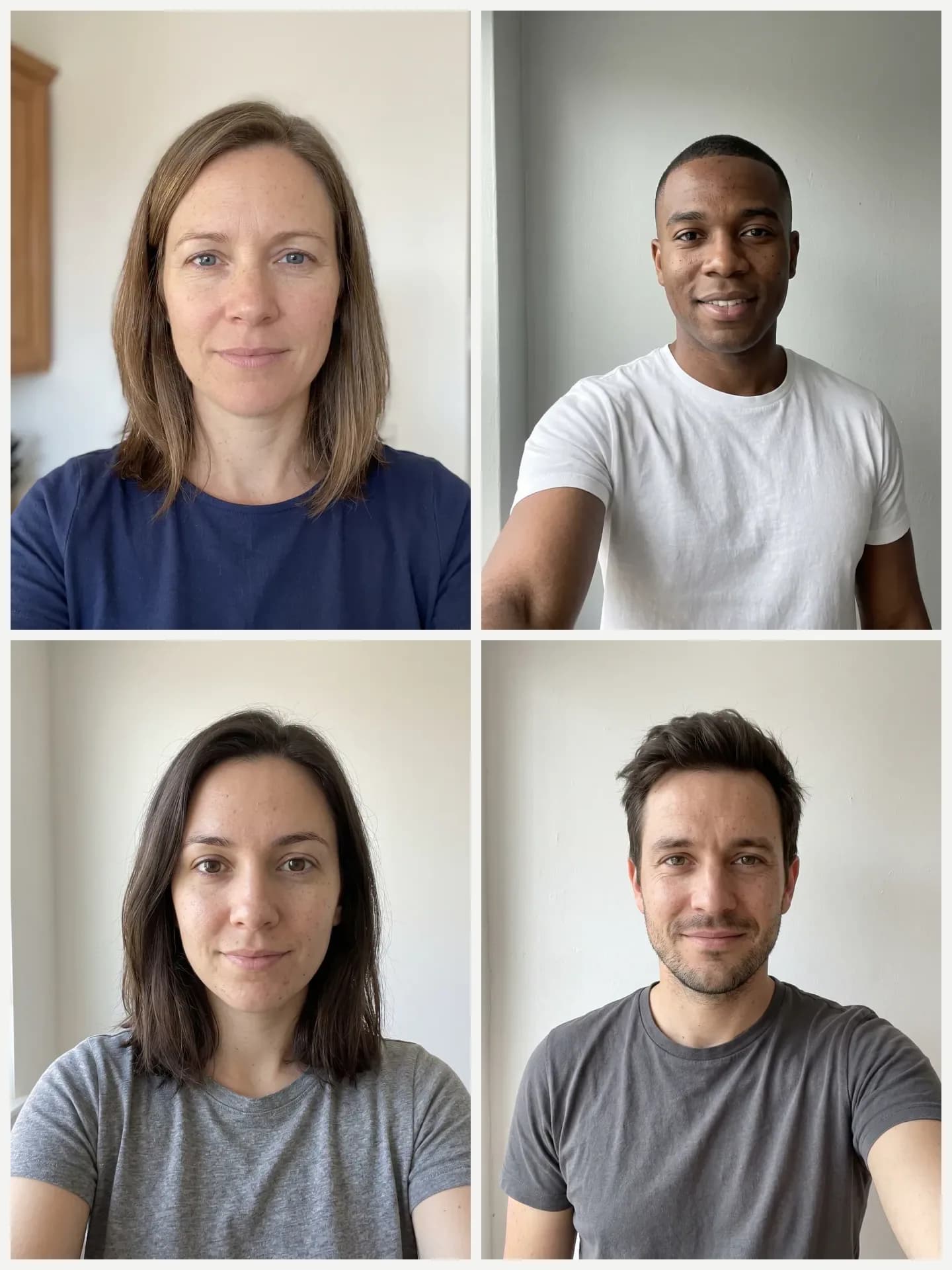 AI-generated sample input: four separate photos: two women and two men, each a front-facing selfie
