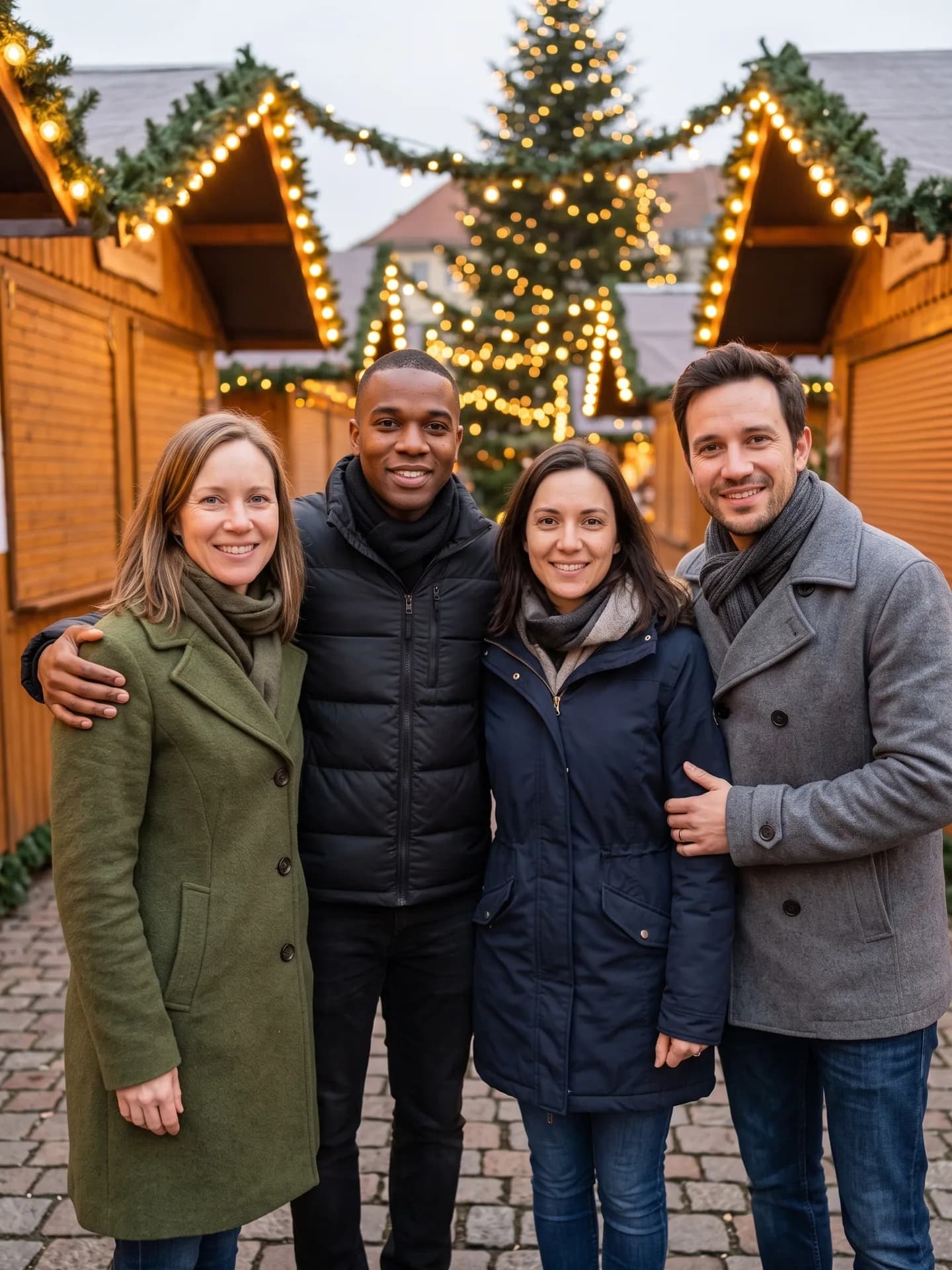Four adults in winter coats and scarves at an empty Christmas market with lit wooden stalls and a big lit tree