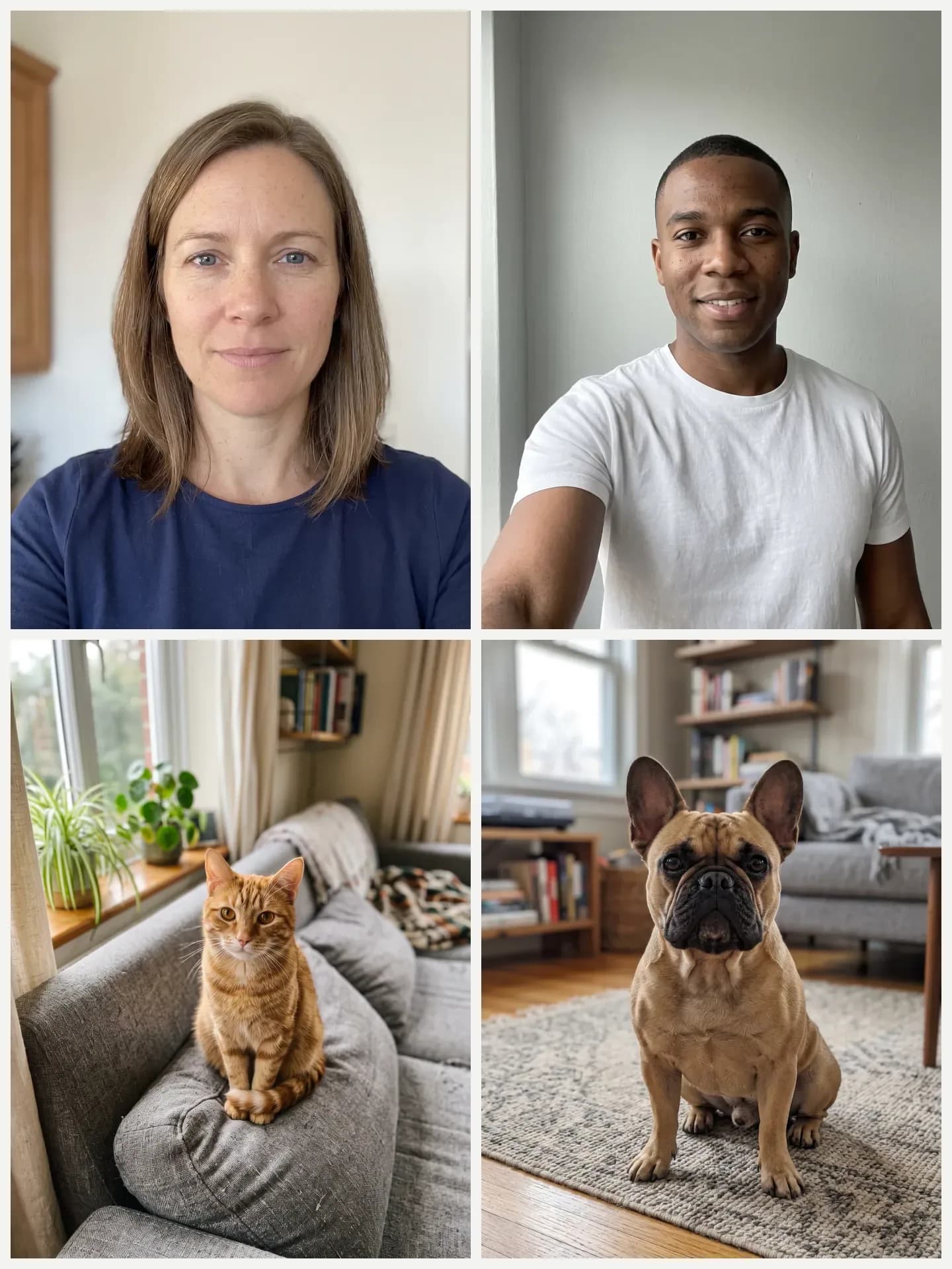 AI-generated sample input: four separate photos: a woman with light brown hair, a man with dark brown skin, a ginger cat and a French bulldog