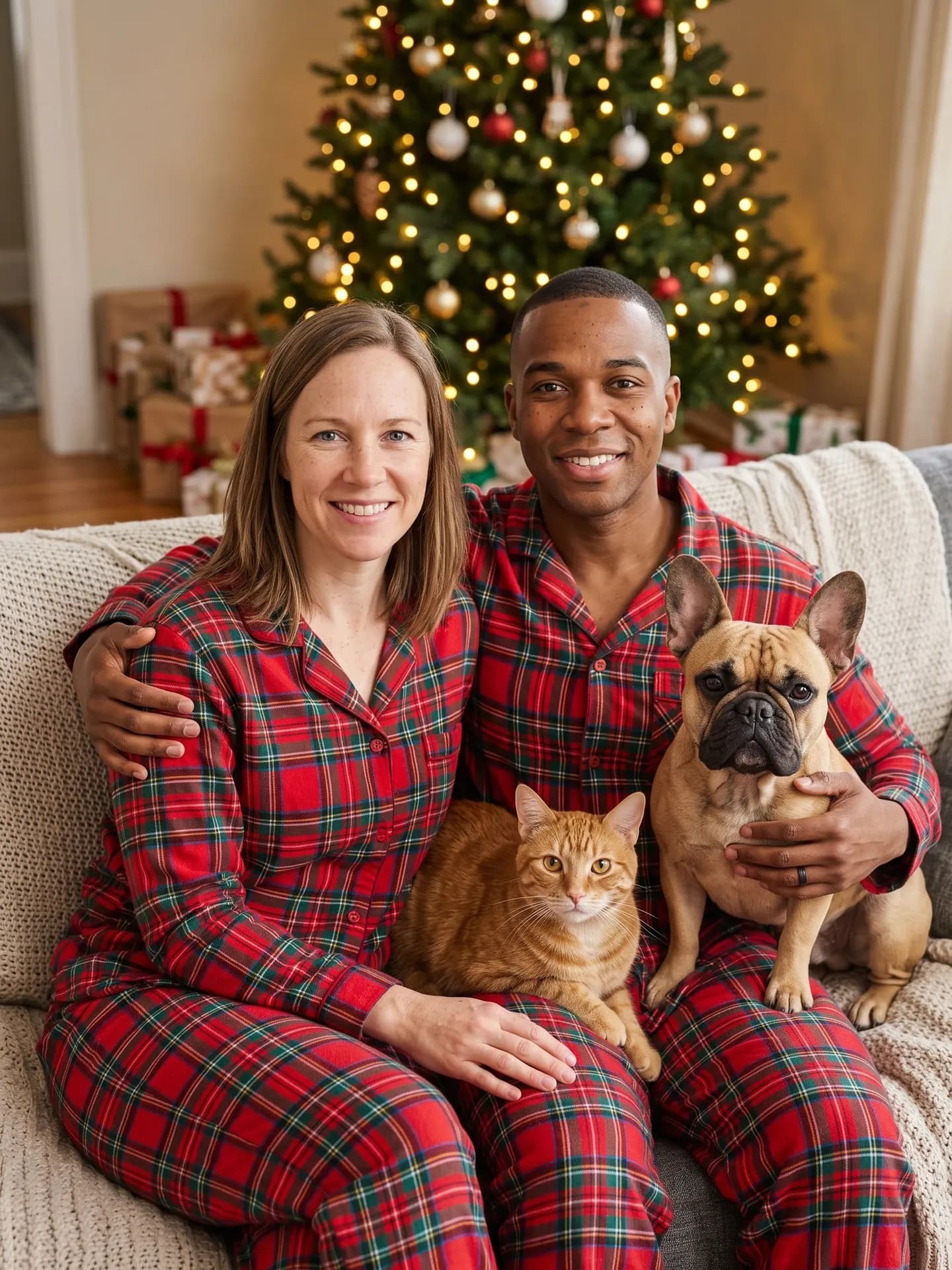 Couple in matching red plaid pajamas on a sofa by a Christmas tree, a ginger cat and a French bulldog on their laps