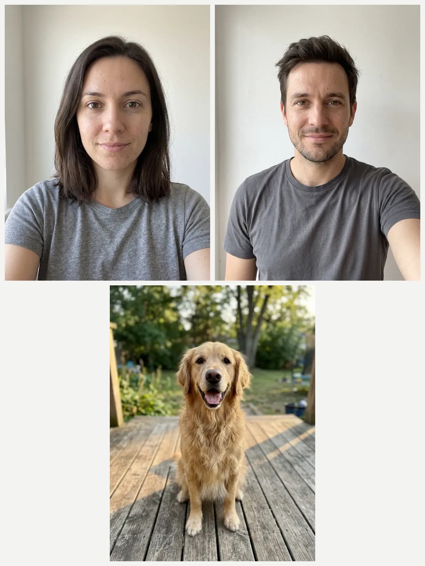 AI-generated sample input: three separate photos: a woman with dark hair to just past her shoulders, a man with stubble and a golden retriever