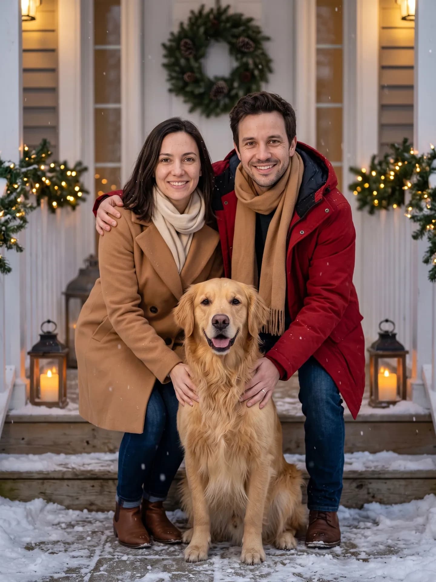 Couple in a camel coat and a red parka crouching on snowy porch steps, both with a hand on a golden retriever