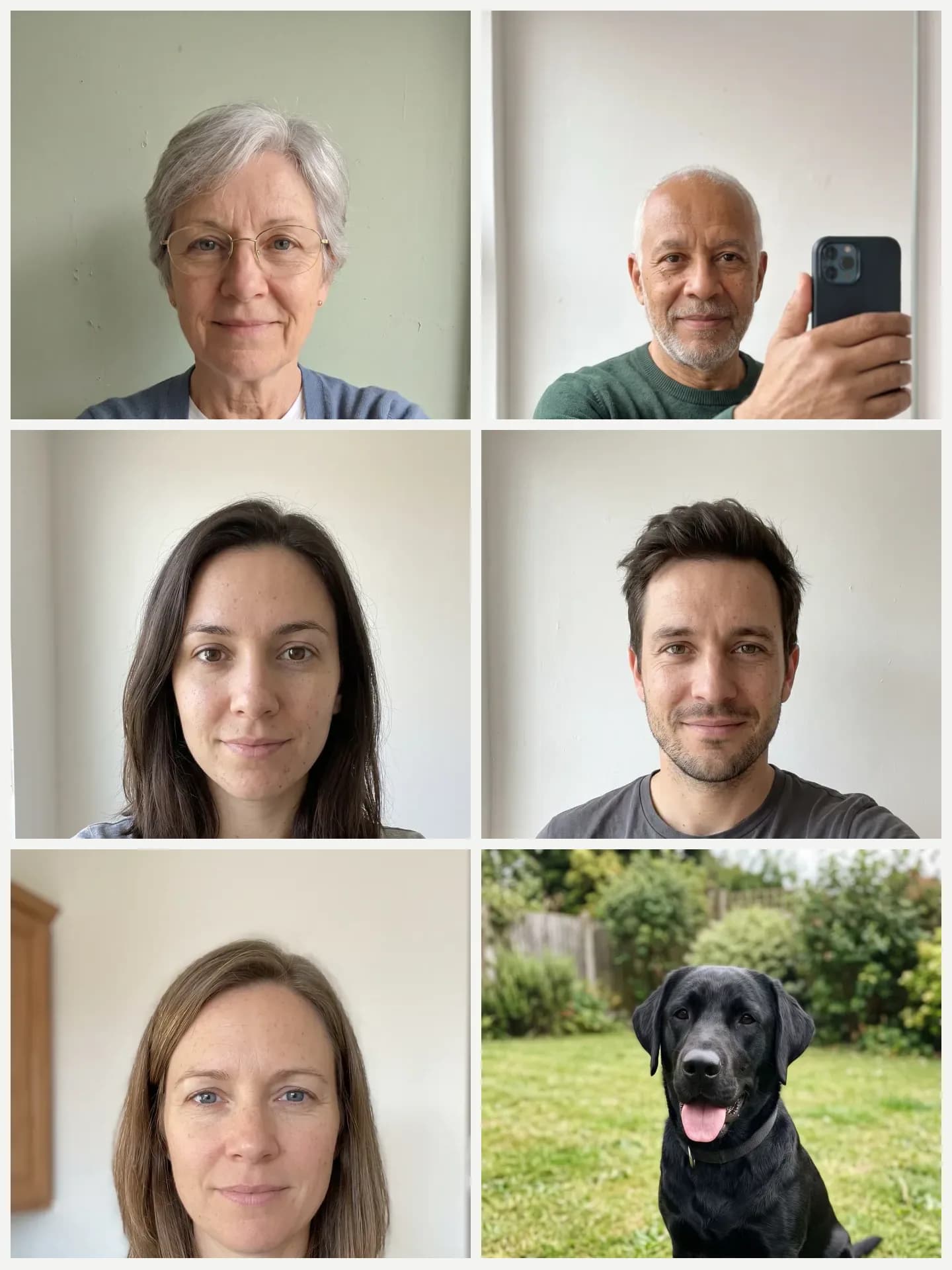 AI-generated sample input: six separate photos: three women, two men and a black Labrador