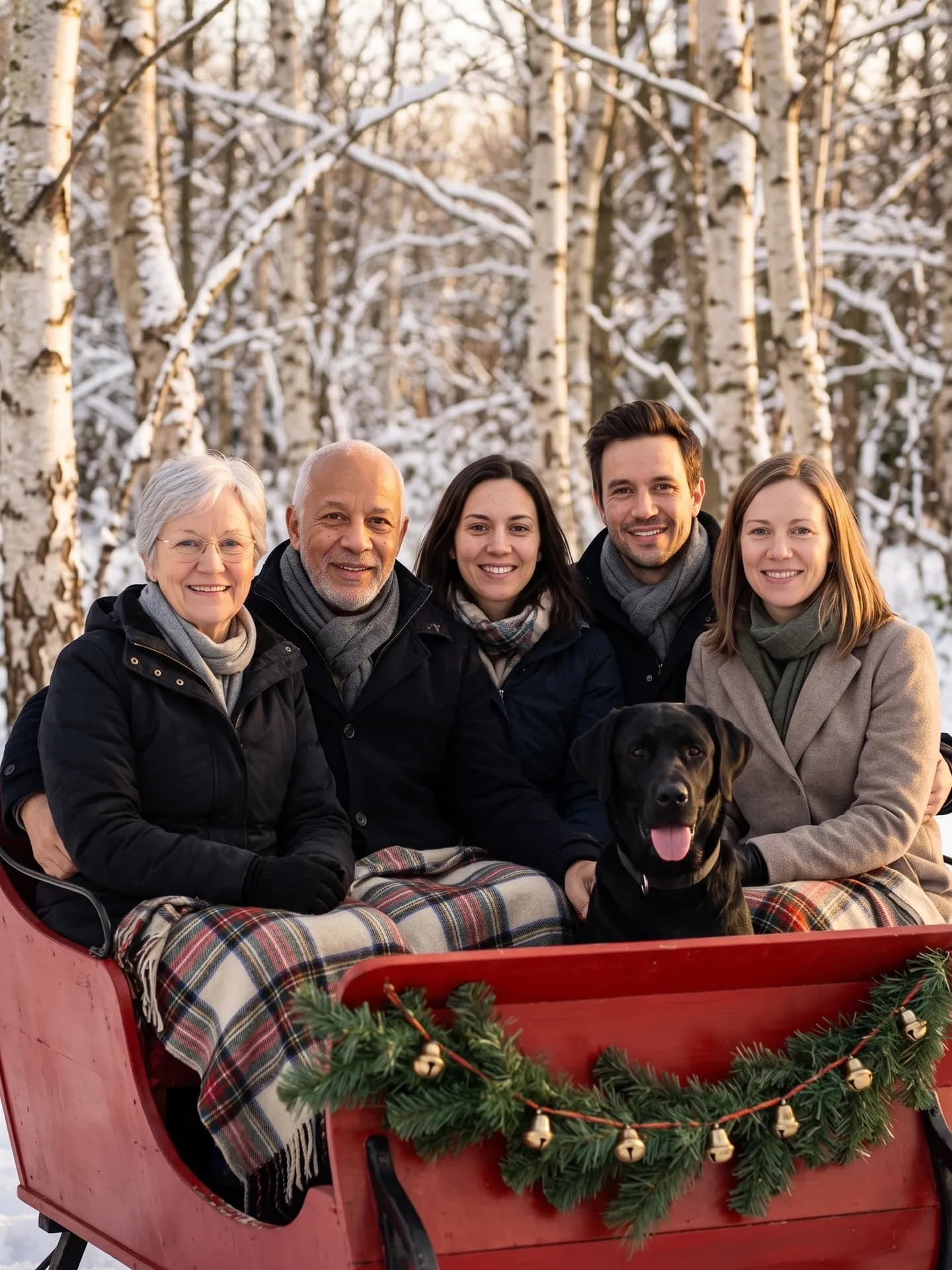 Five adults under a plaid blanket in a red sleigh in a snowy birch forest, a black Labrador sitting with them