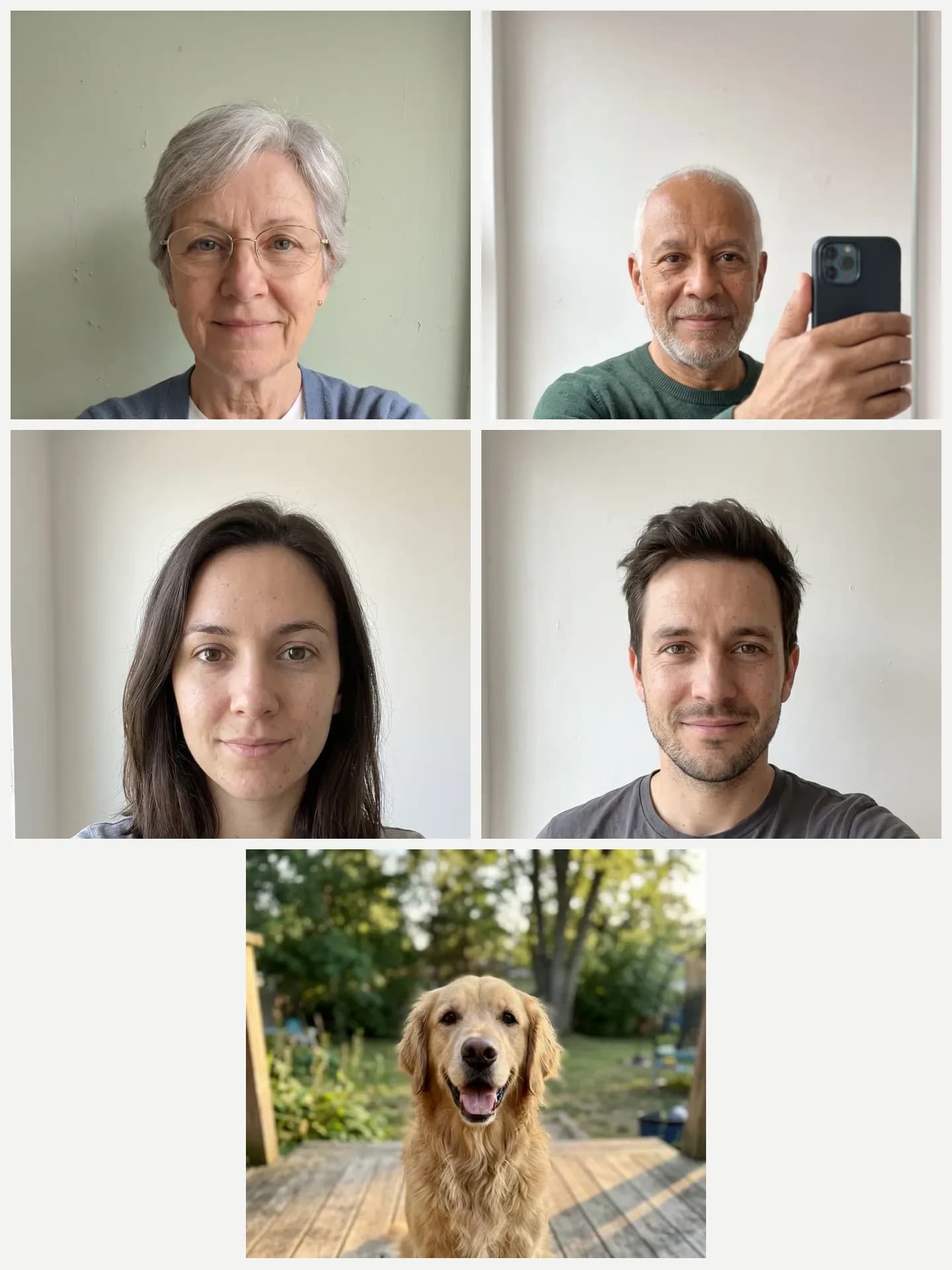 AI-generated sample input: five separate photos: an older woman with glasses, an older man with a grey beard, a younger woman, a younger man and a golden retriever