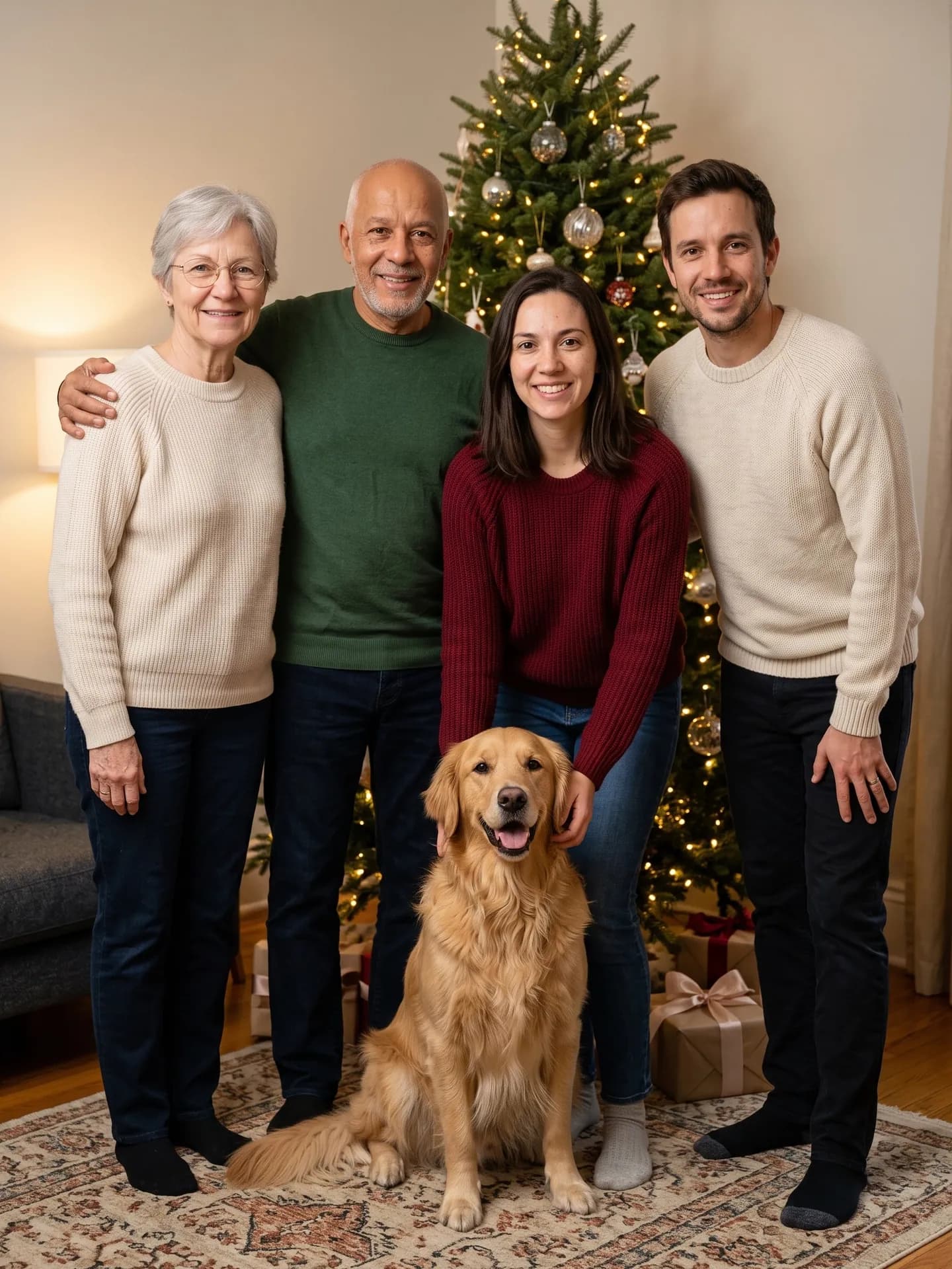 Older and younger couple in cream, green and burgundy sweaters by a lit Christmas tree, a golden retriever sitting in front