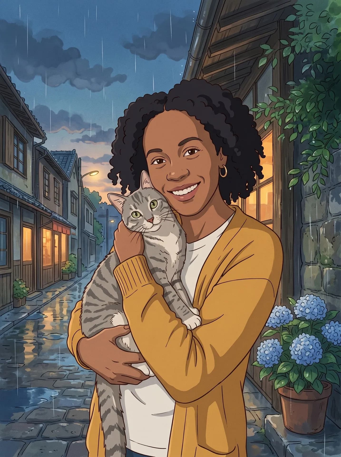 Hand-painted anime frame of a curly-haired woman hugging a grey tabby cat on a rainy street at dusk