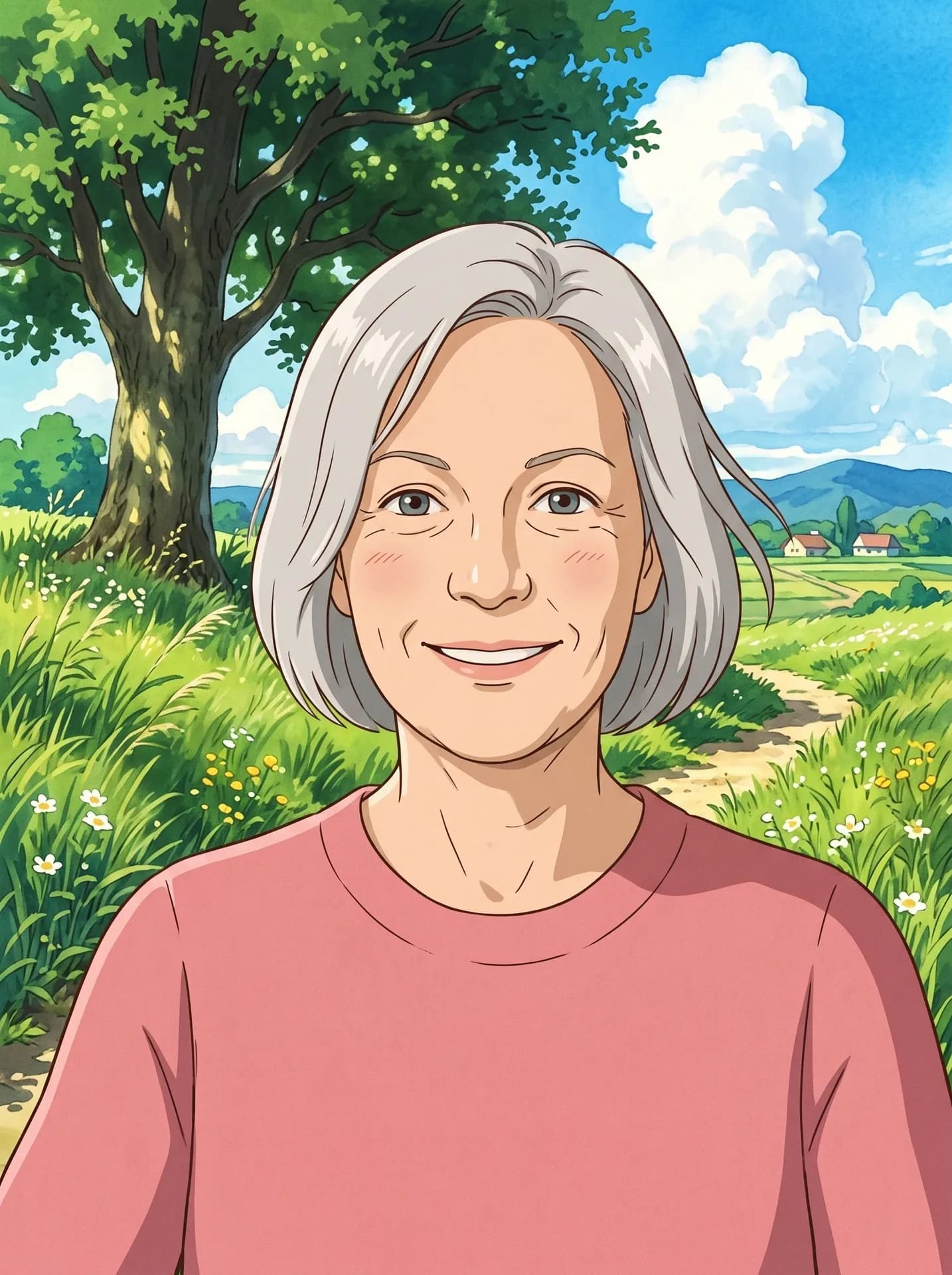 Hand-painted anime frame of an older woman with a silver bob in a pink sweater on a meadow under a big tree