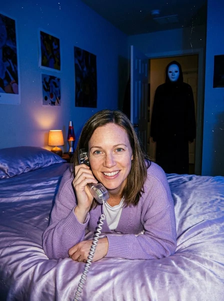 Smiling woman in a lilac cardigan on a bed in a blue-lit room, a masked figure in a black robe in the doorway