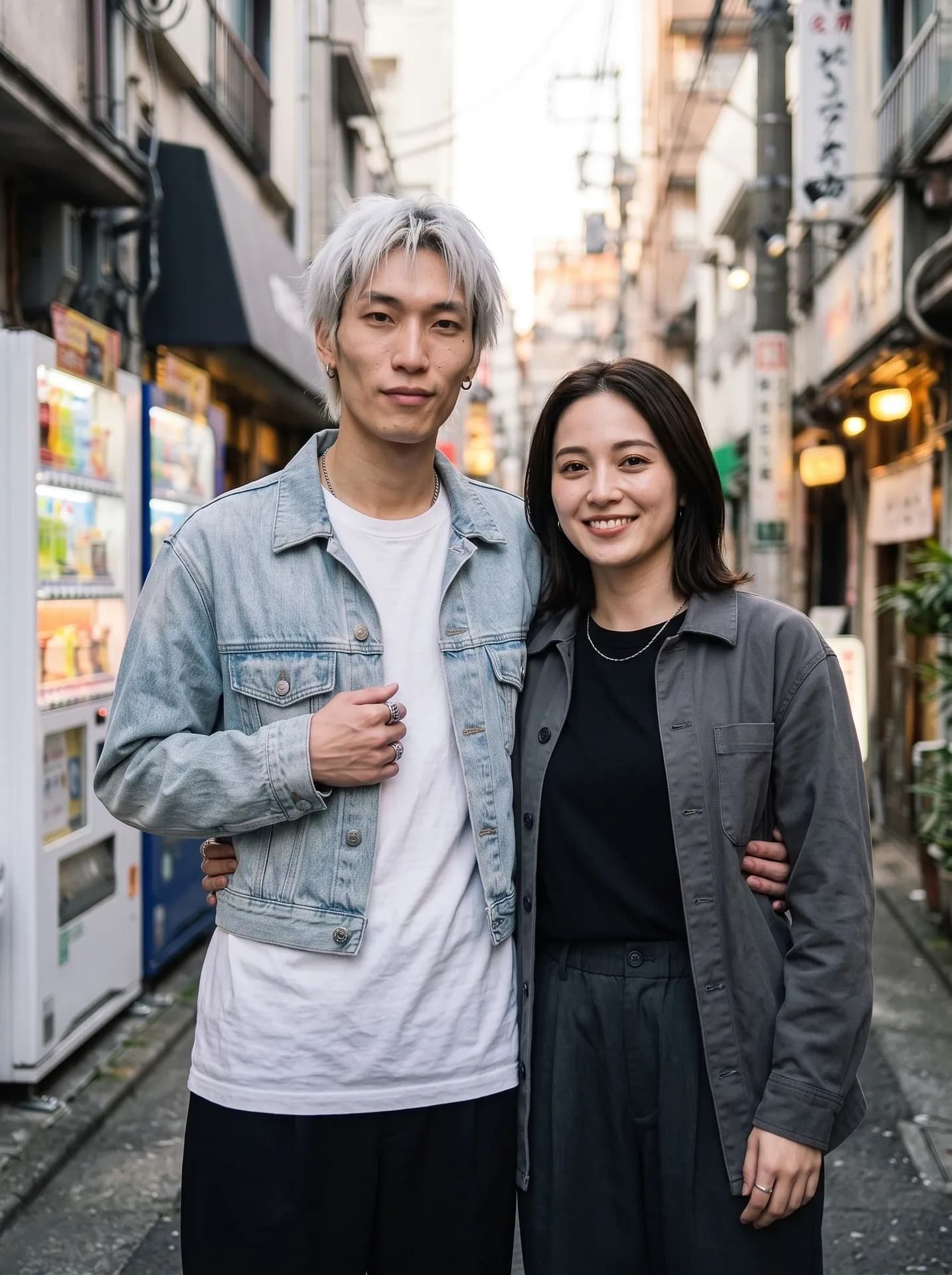 Man with icy silver hair in a light denim jacket and a girl in a gray overshirt arm in arm in a Tokyo side street