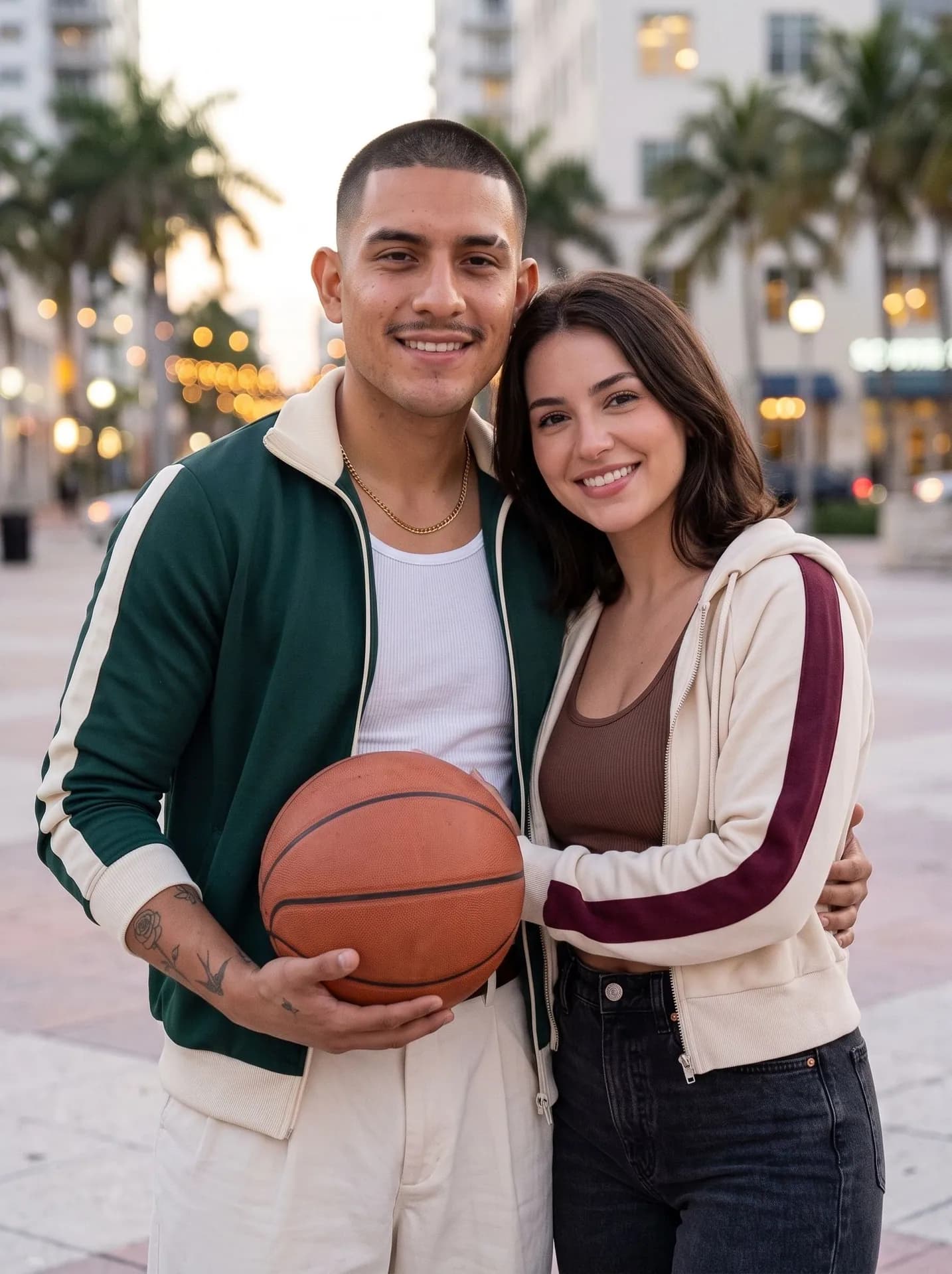 Man with a buzz cut in a green track jacket holding a basketball, a girl in a cream track jacket leaning on him at dusk