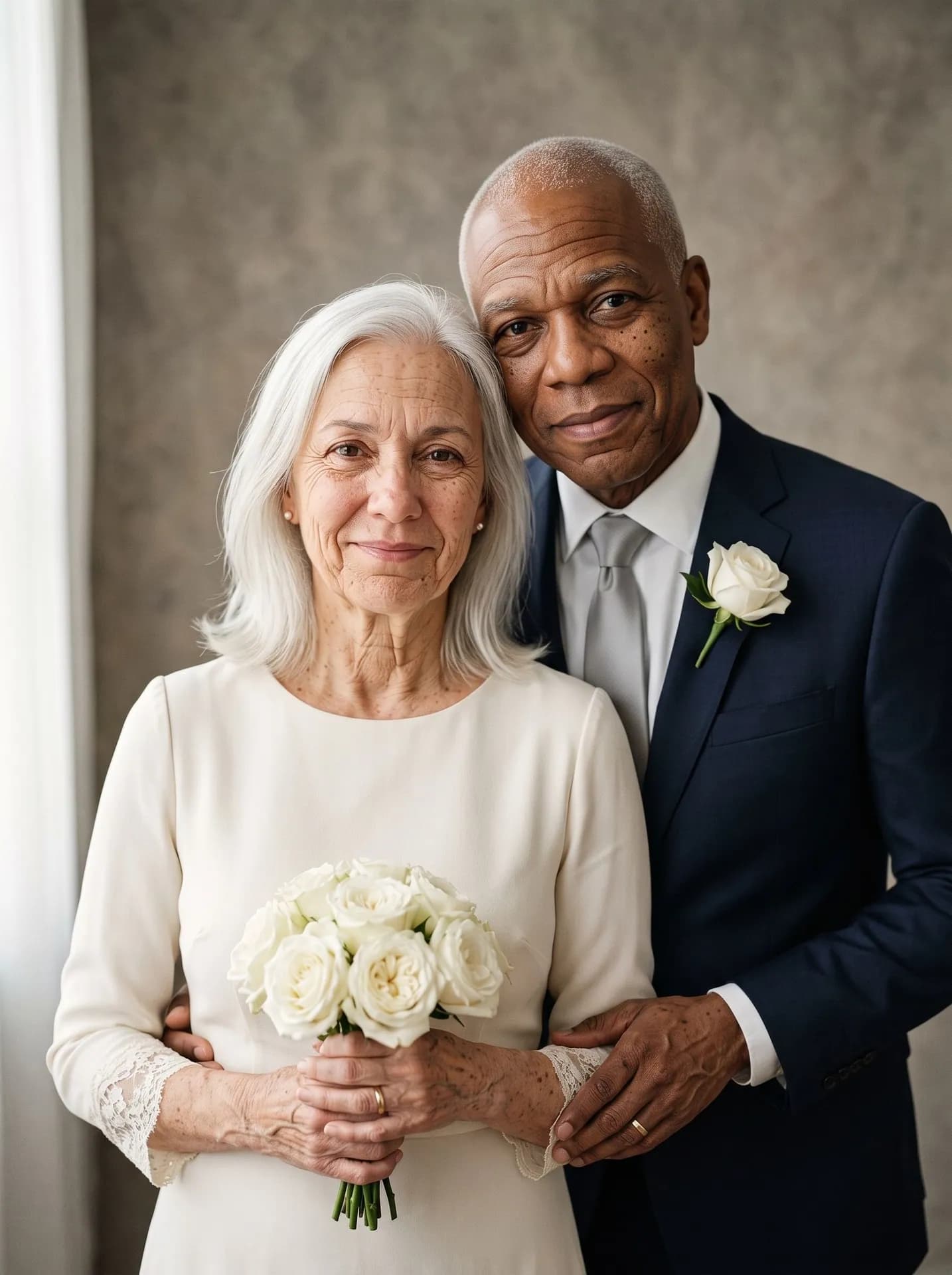 Older couple in a studio wedding portrait, she in an ivory lace-cuffed dress holding white roses, he in a navy suit