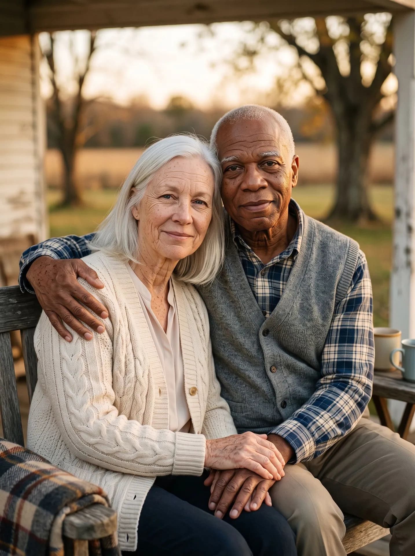 White-haired couple in their late seventies on a farmhouse porch bench at sunset, his arm around her, hands clasped