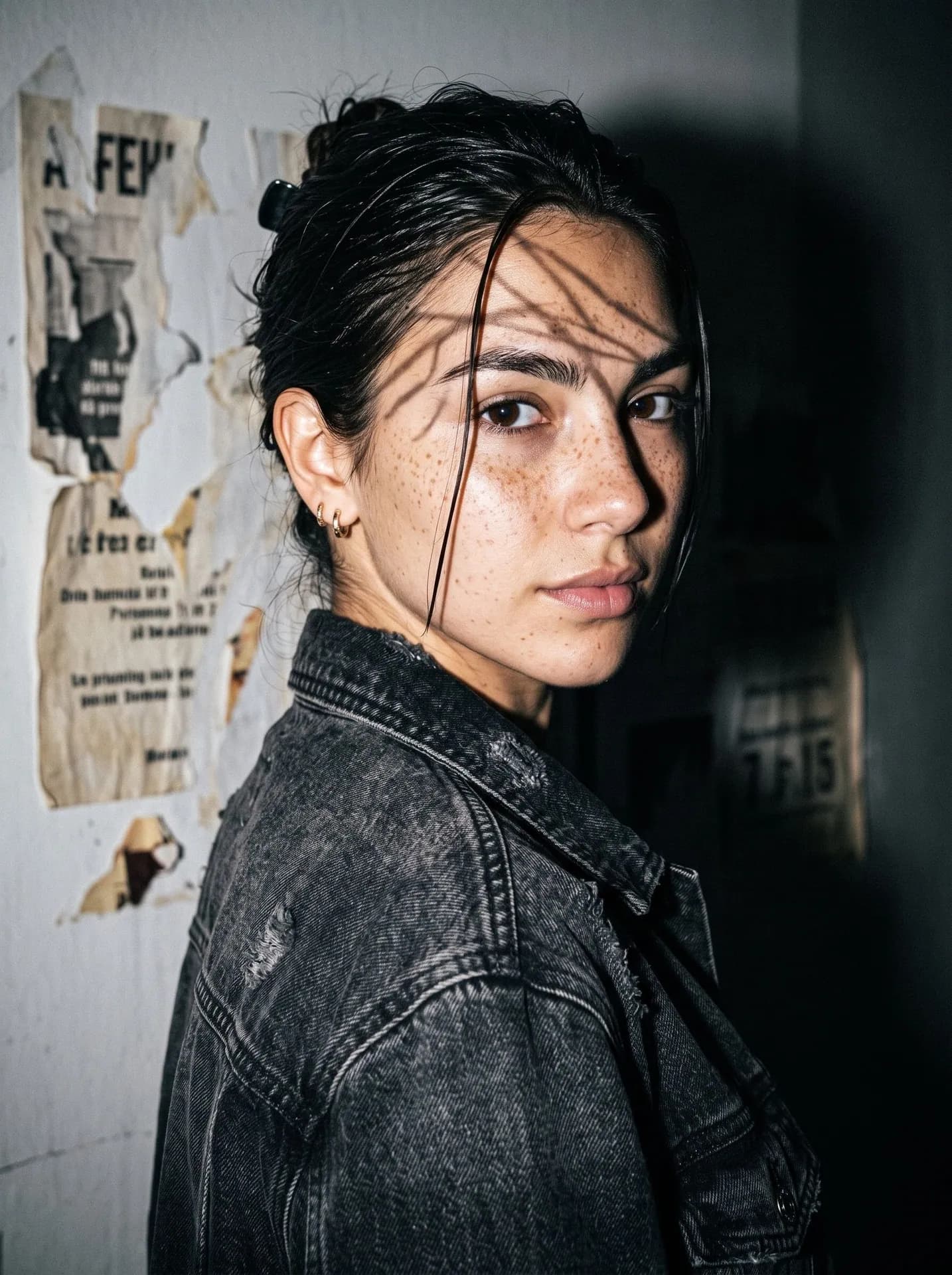 Woman with freckles in a black denim jacket in harsh flash, shadow lines from wet strands across her face