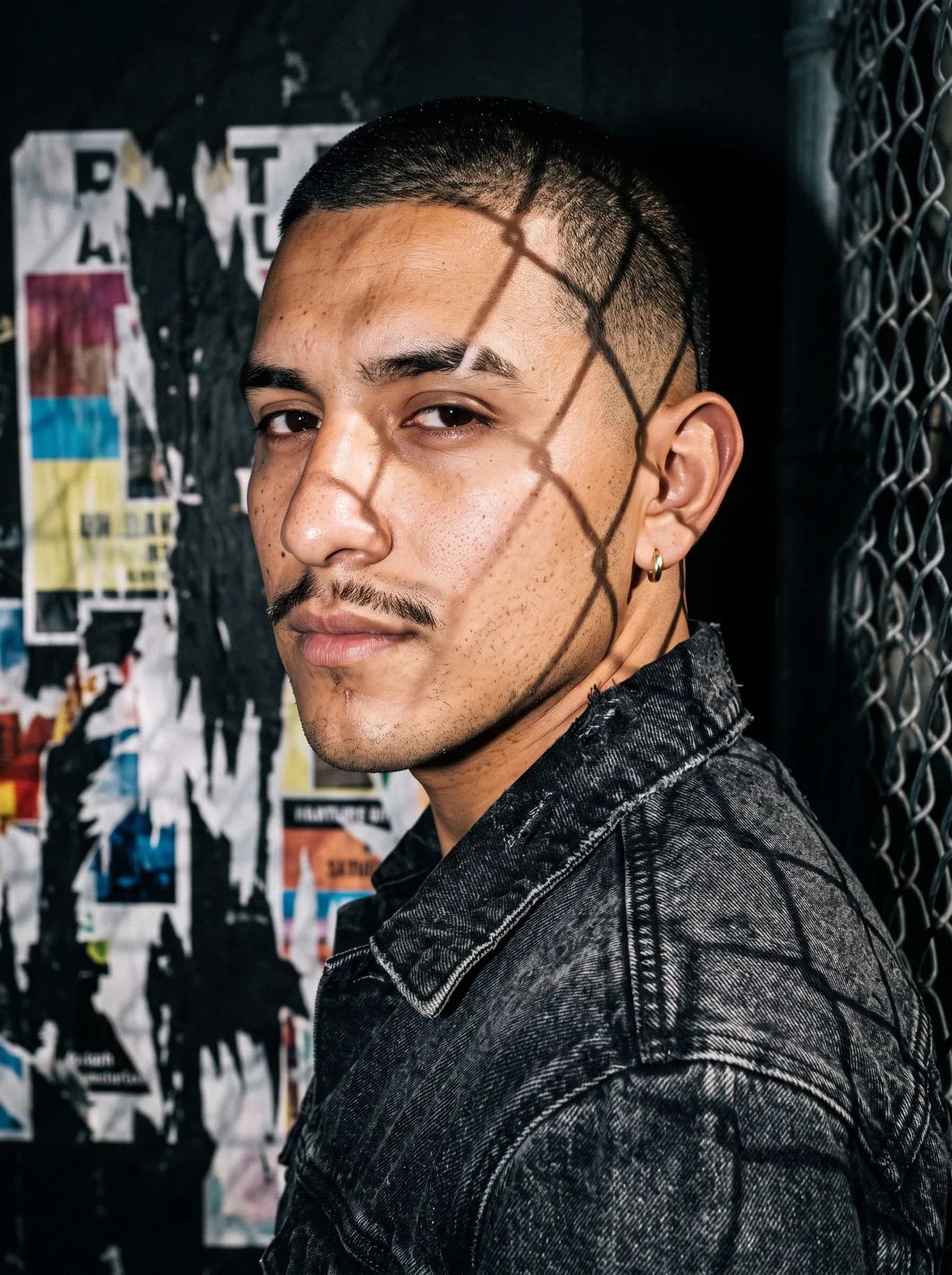 Man with a buzz cut in a black denim jacket in harsh flash, a chain-link shadow across one side of his face