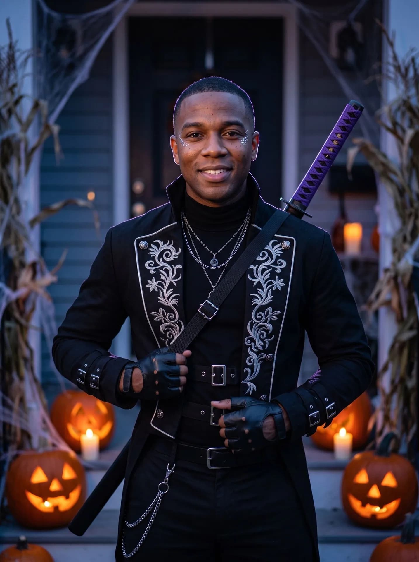Smiling man in a black embroidered jacket and fingerless gloves, a sheathed sword across his back, by jack-o'-lanterns