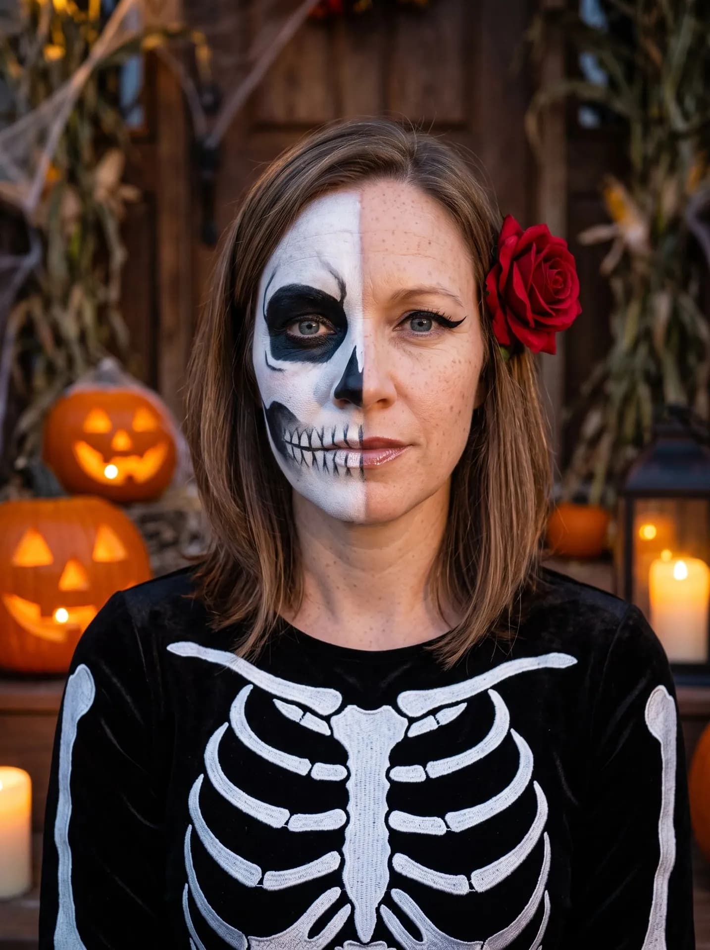 Woman with half her face painted as a skull, a red rose in her hair, in a black dress with white embroidered ribs
