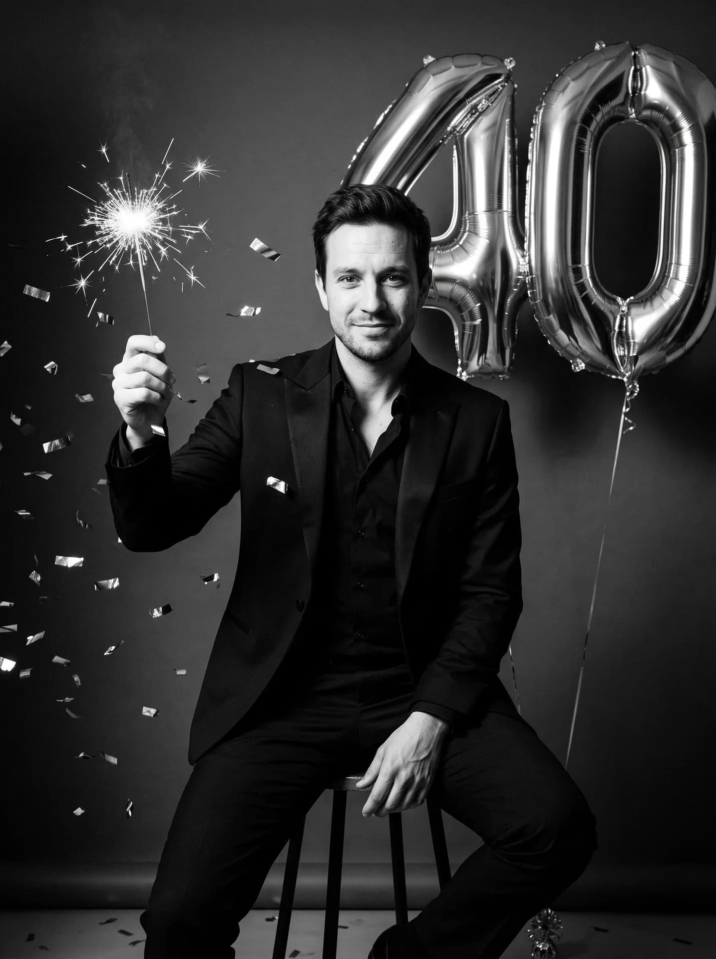 Black-and-white portrait of a man in a black jacket holding a lit sparkler, silver confetti and 40 foil balloons behind