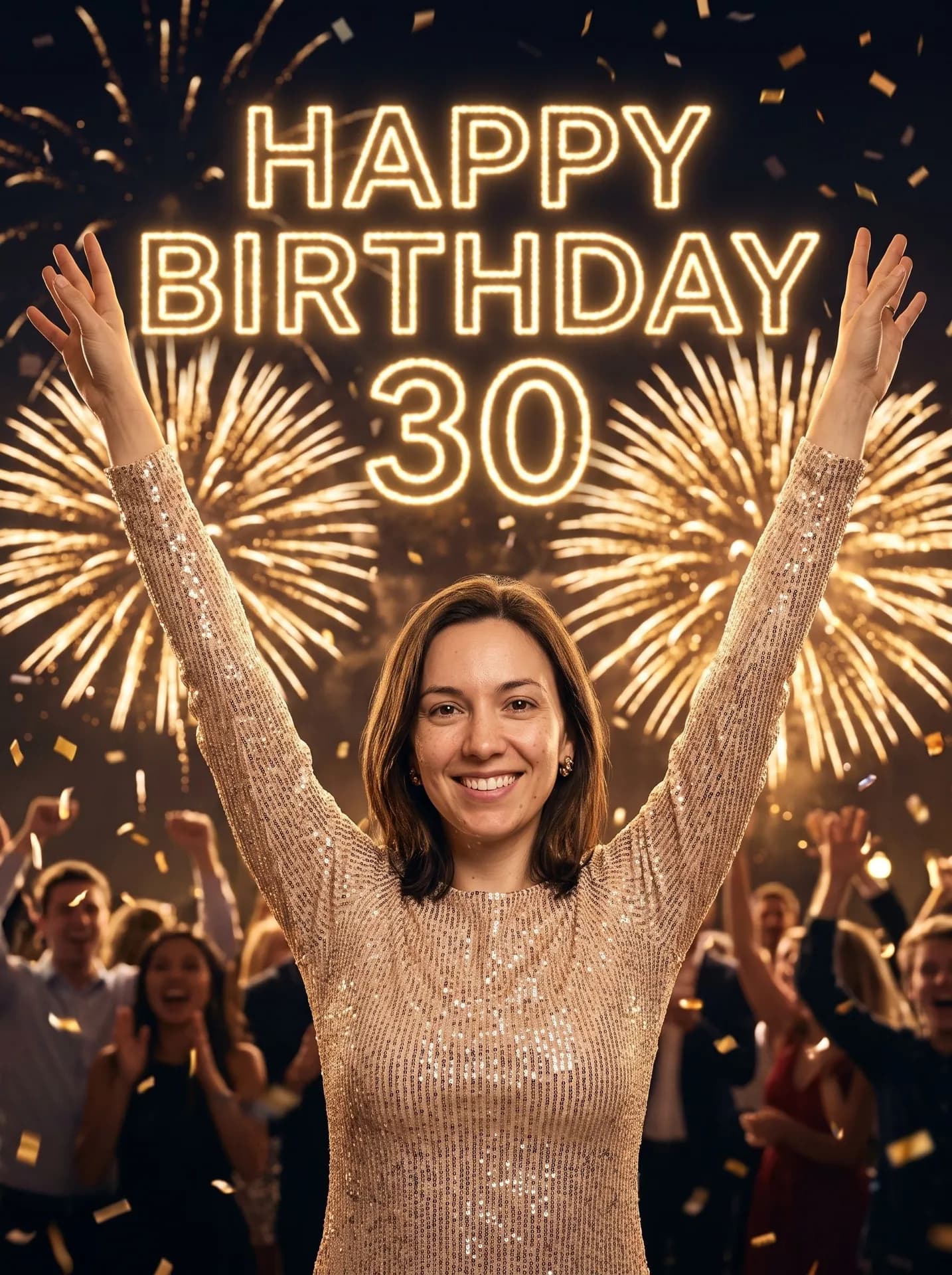 Woman in a gold sequin dress with both arms raised under golden fireworks and glowing HAPPY BIRTHDAY 30 light letters