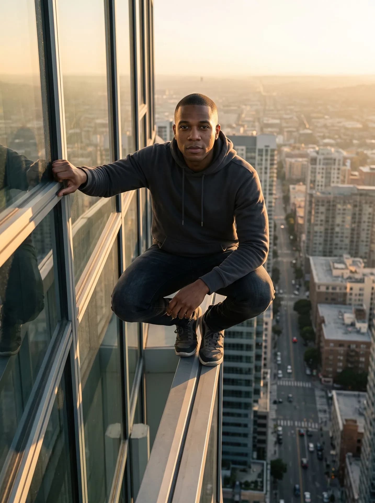 Man with dark brown skin in a charcoal hoodie crouching on a glass skyscraper ledge at golden hour, a city street far below