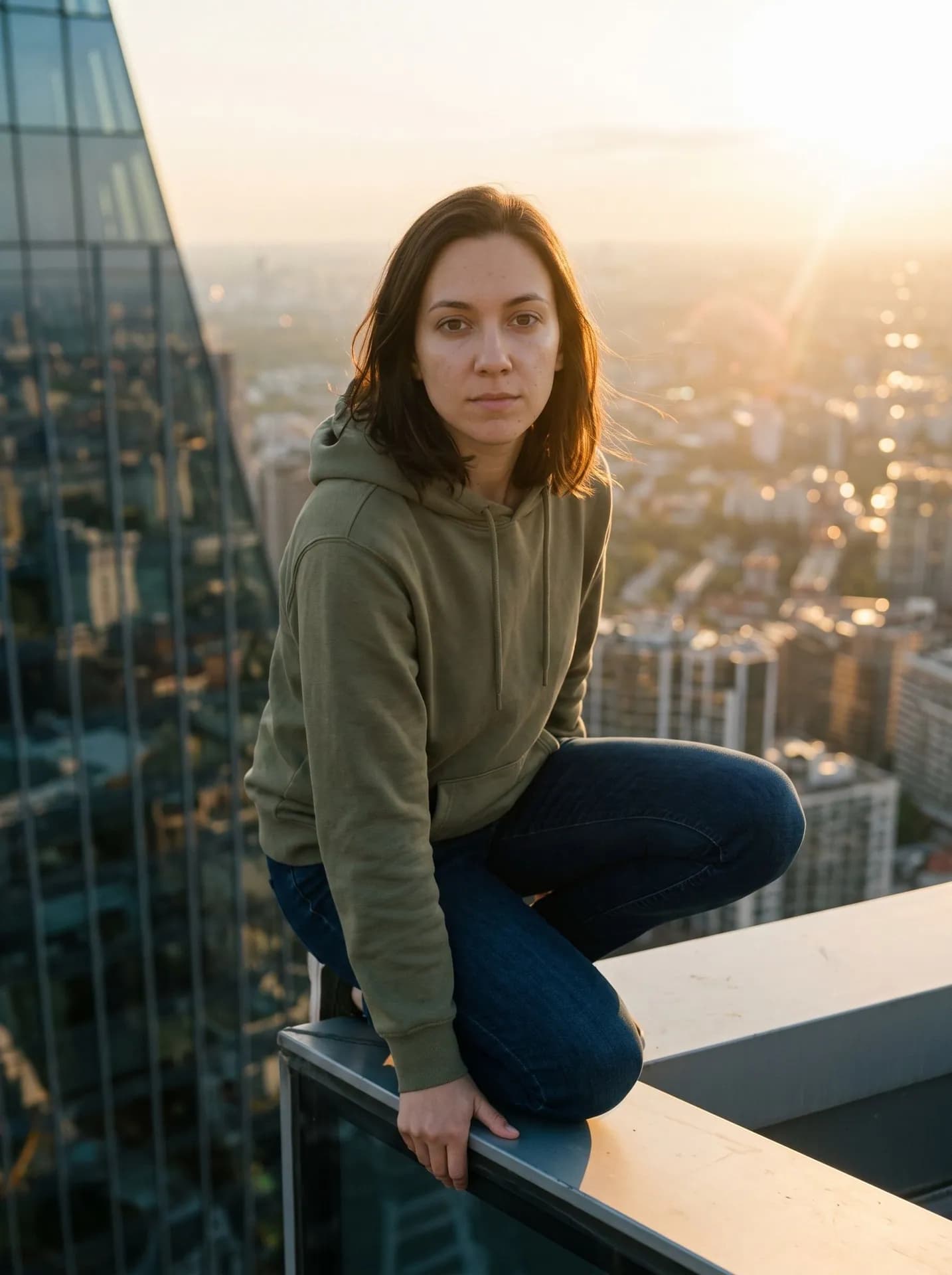 Woman with shoulder-length dark hair in an olive hoodie and jeans kneeling on a skyscraper parapet, sun flare over the city