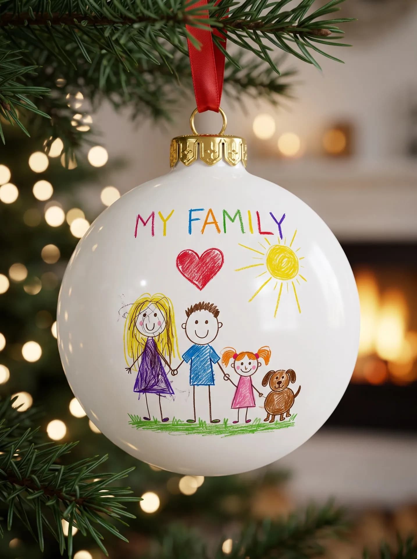 White glass ball ornament with a gold cap and red ribbon, printed with a crayon MY FAMILY drawing, on a lit tree