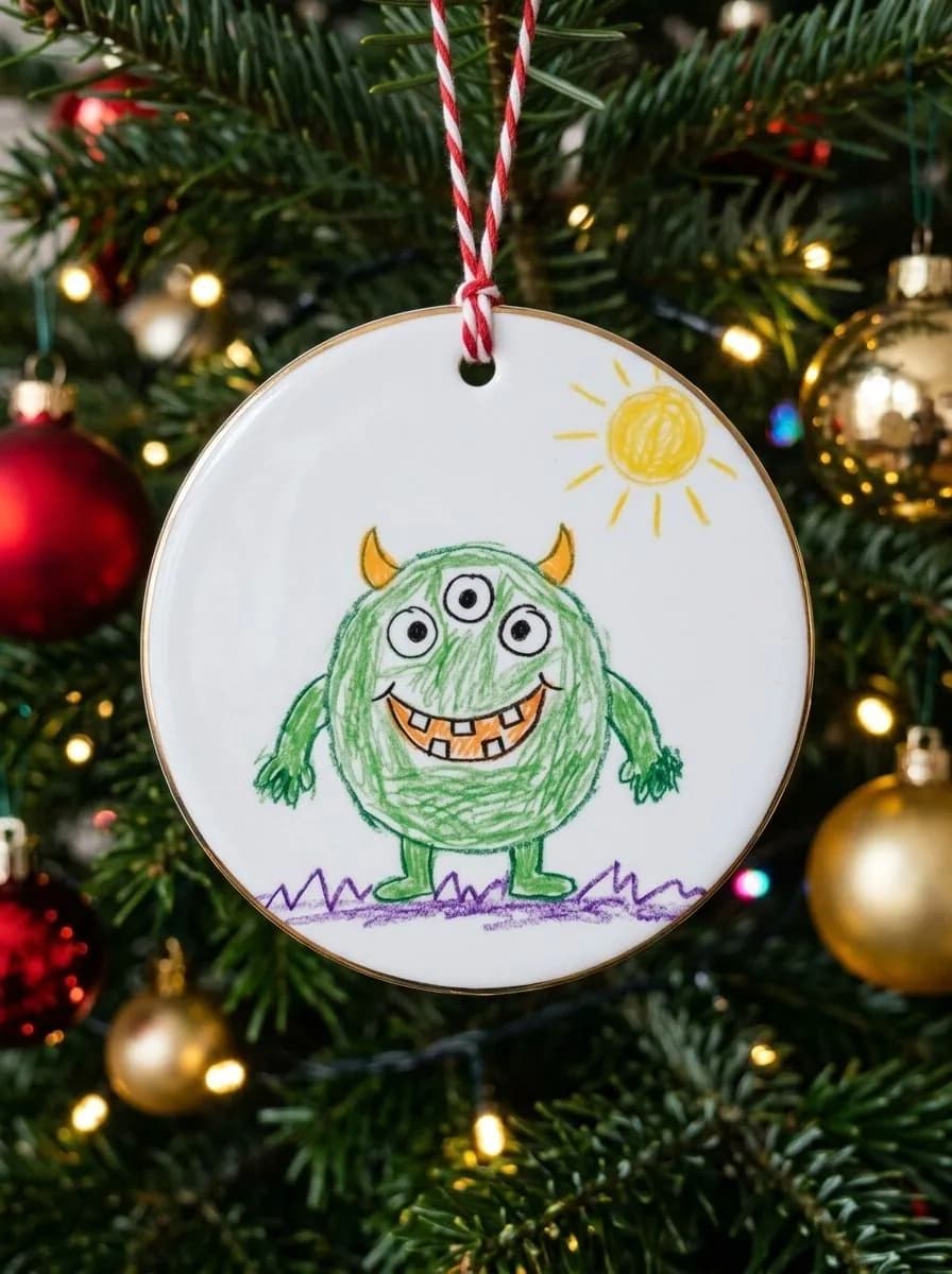 Flat white porcelain ornament with a thin gold rim showing a green three-eyed crayon monster, hung on a lit fir
