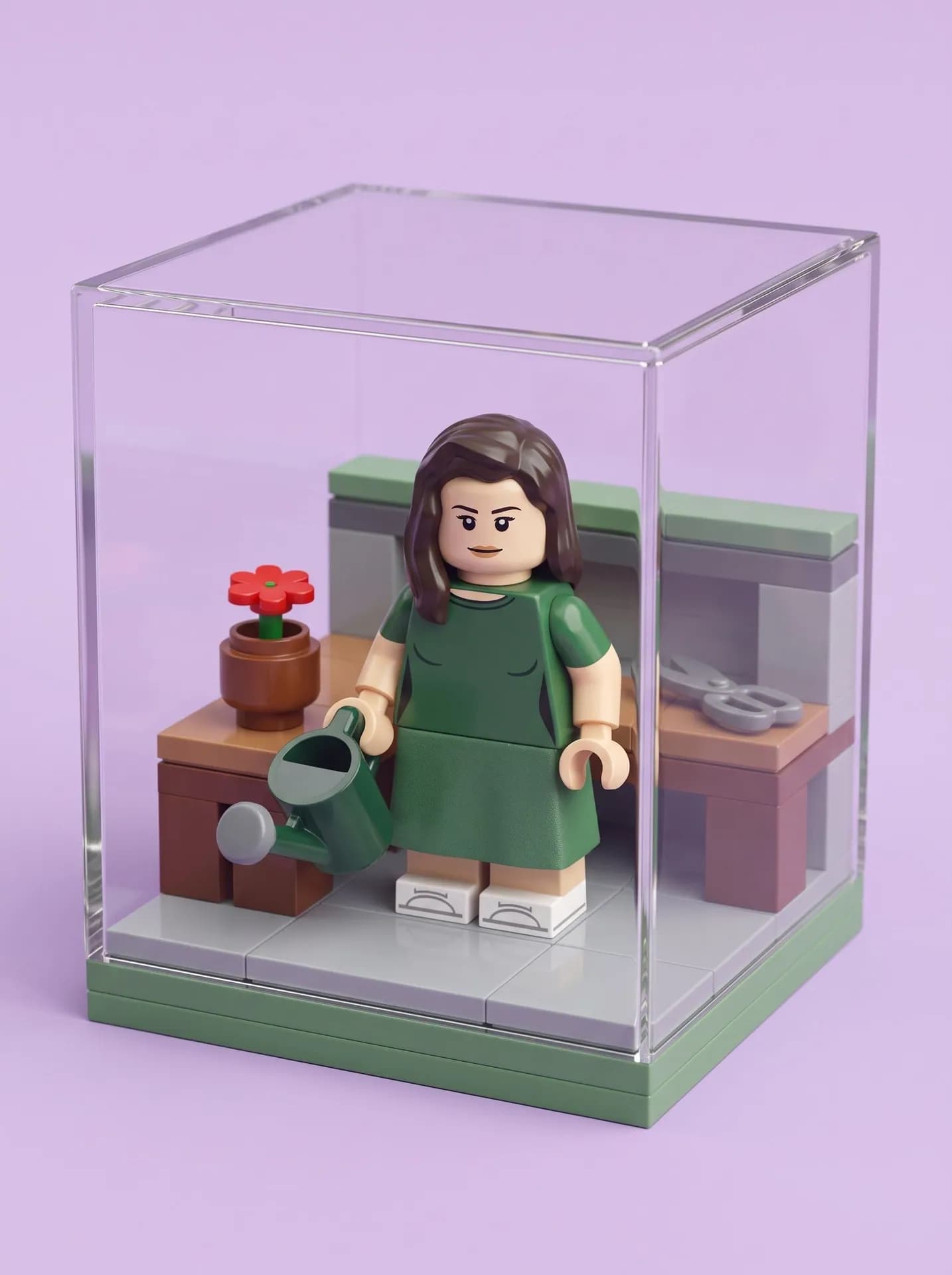 Toy minifigure with shoulder-length dark hair in a green dress and white sneakers, holding a watering can in an acrylic case