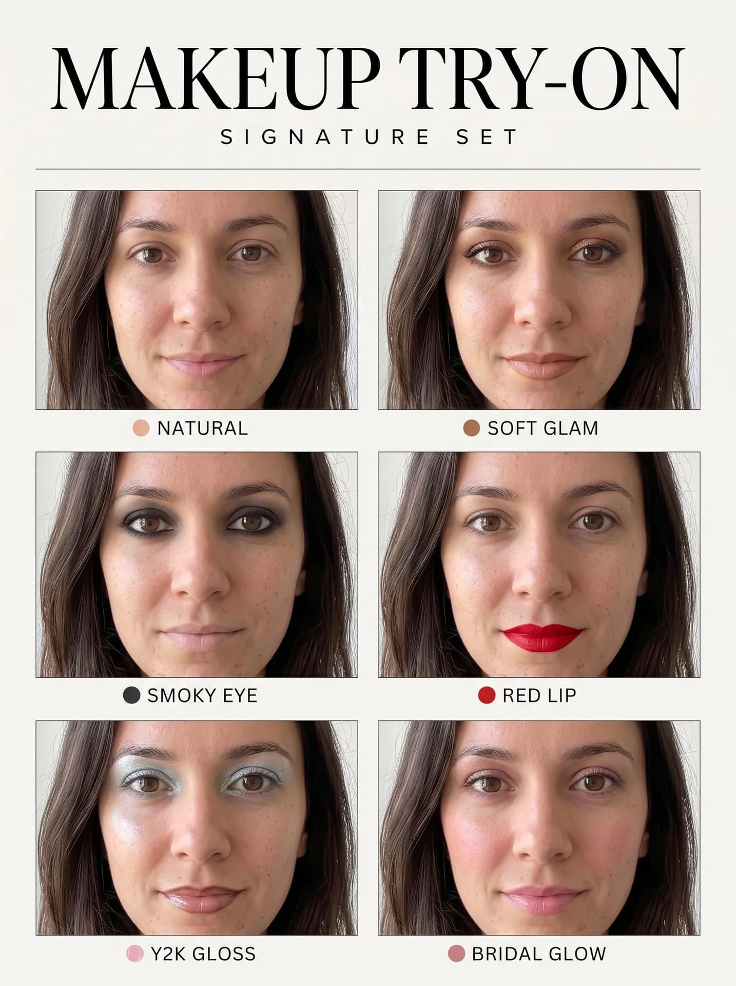 Poster of one woman in six makeup looks: natural, soft glam, smoky eye, red lip, icy-blue Y2K lids, rosy bridal